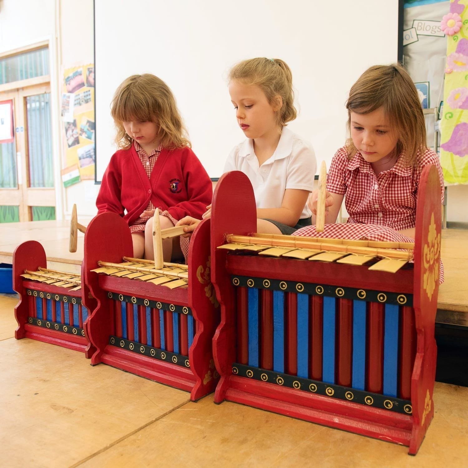 This is a product image of Drums for Schools Set of Gamelan Budget 7 key - Small, Medium, Large. Played in action.