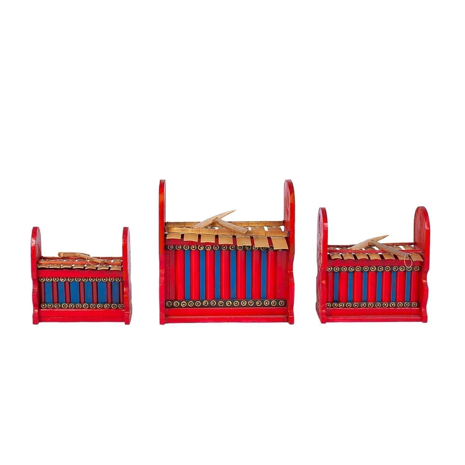 This is a product image of Drums for Schools Set of Gamelan Budget 7 key - Small, Medium, Large. The three sizes gamelan are placed in a row.