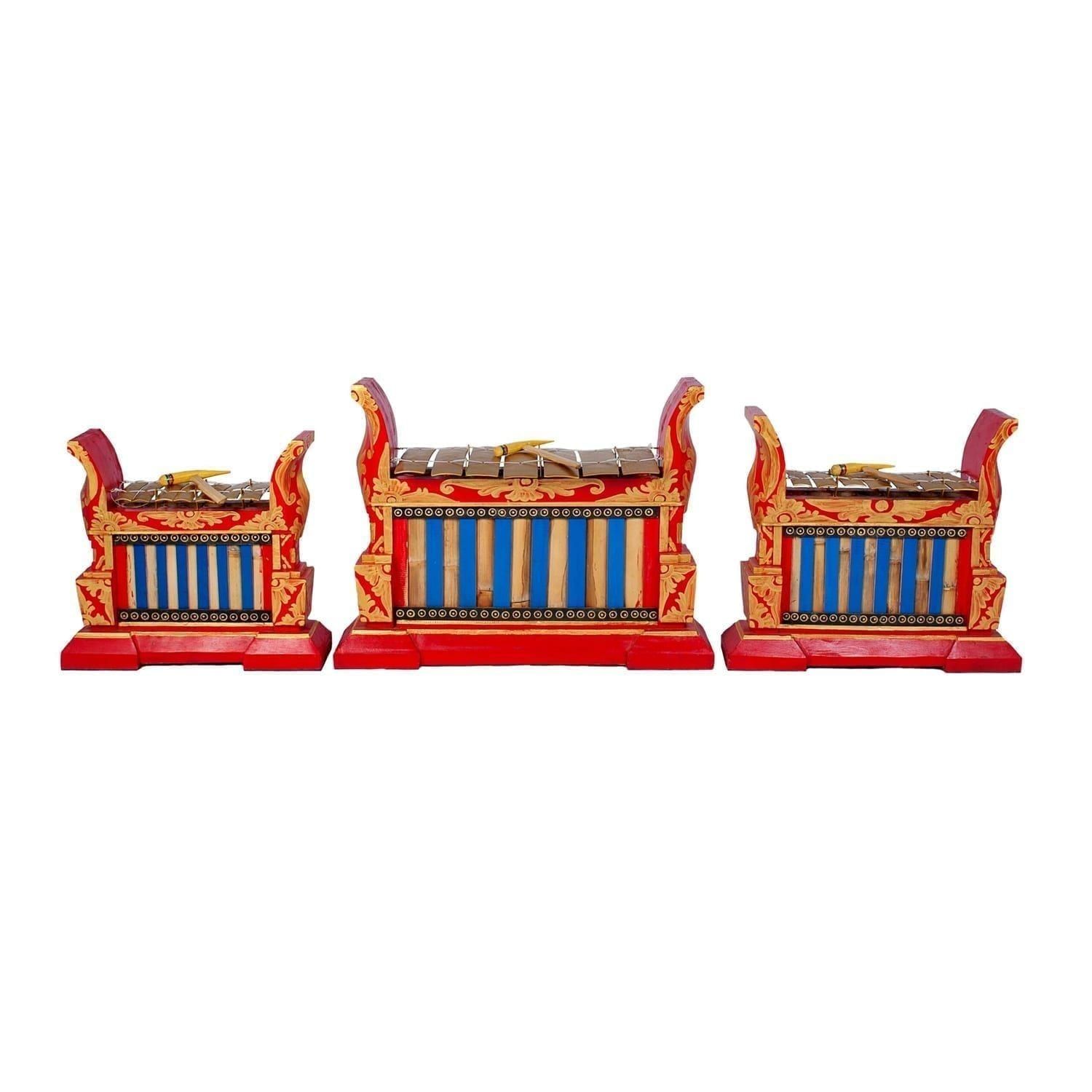 This is a product image of Drums for Schools Set of Gamelan Premium 7 key - Small, Medium, Large. The three sizes gamelan are placed in a row.