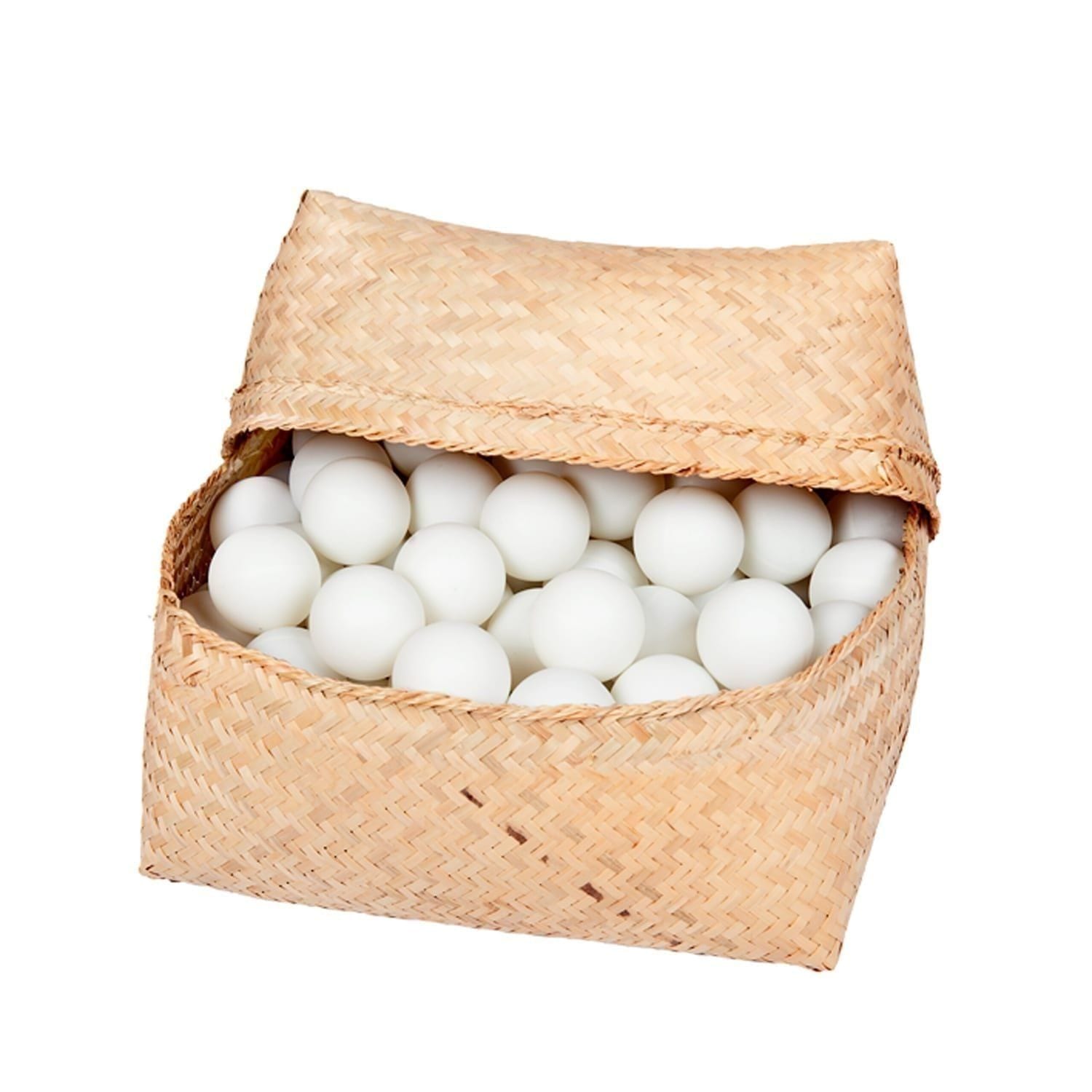 100 Ping Pong Balls in an open woven basket, bright white