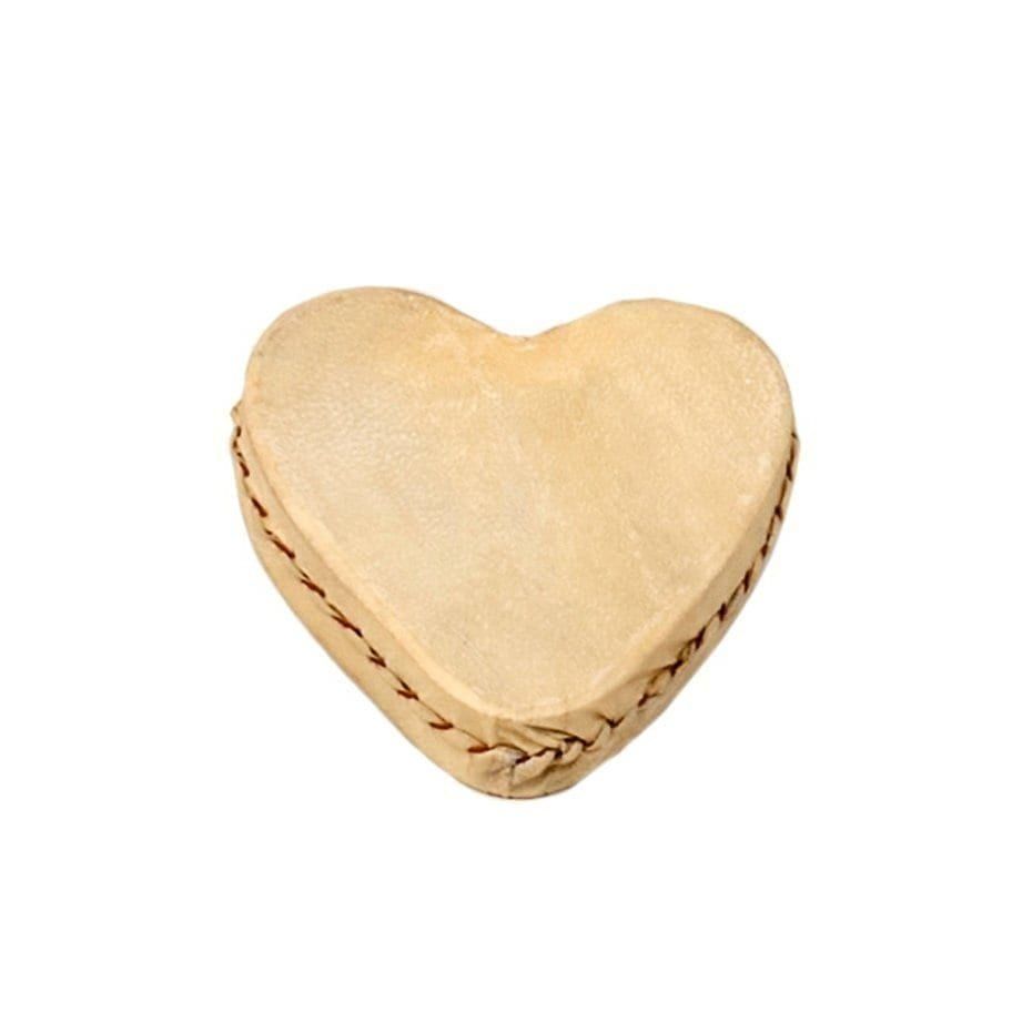 This is a product image of Drums for Schools Heart Shaker. It is a small goat skin box in a shape of heart, stitched together with seeds on the inside.