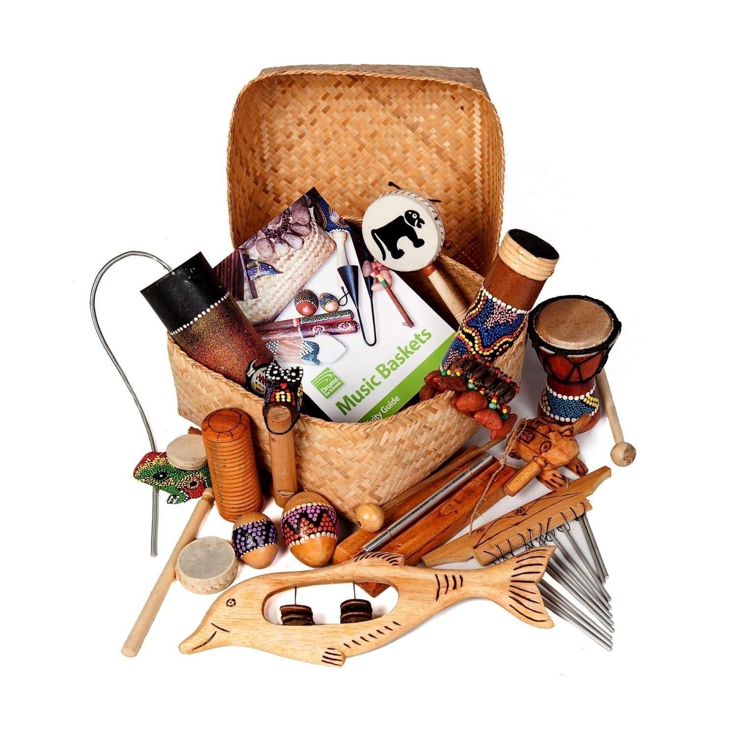 World Music Basket Small with 15 handmade instruments including drums, shakers, rainstick and guides in a woven bamboo basket