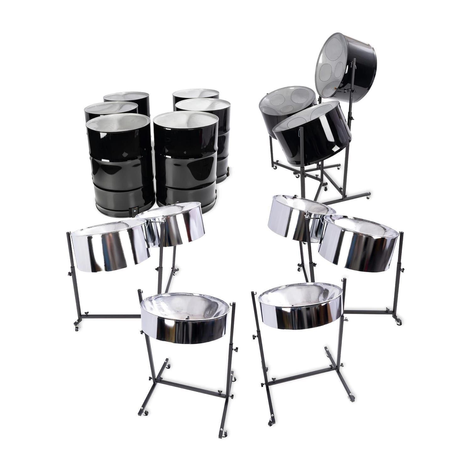steel pans big band set with chrome lead and double second pans, triple cellos and six bass, all on stands