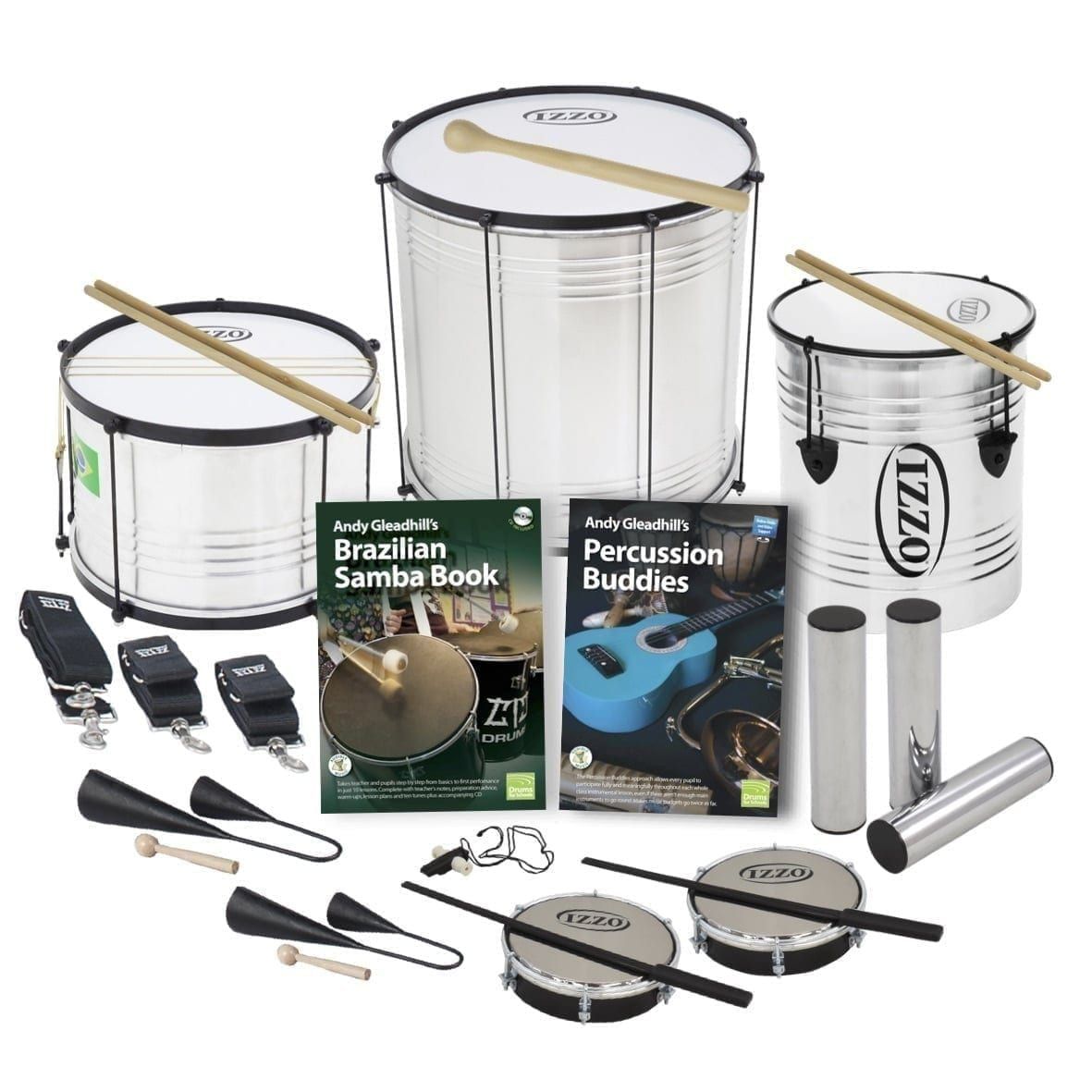 Economy Samba Pack for 10 Players with aluminium surdo, repinique and caixa, plus two method books and small percussion