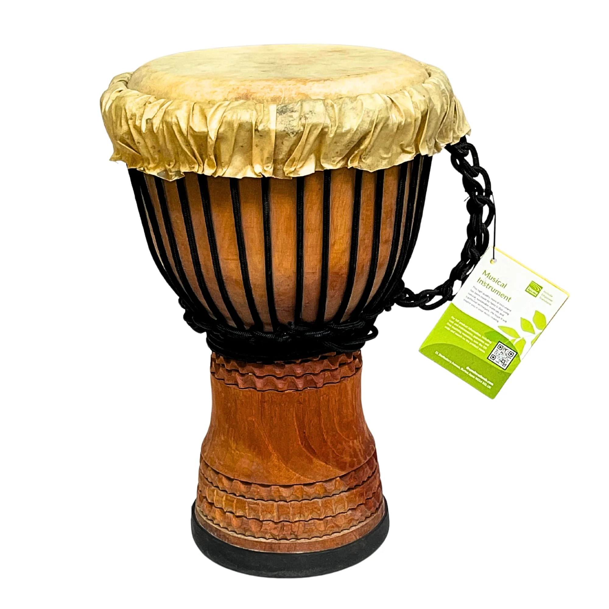 9 inch Deep Carved wooden djembe drum – 40cm high with natural goatskin head and hand-carved mahogany shell for excellent tone and durability.