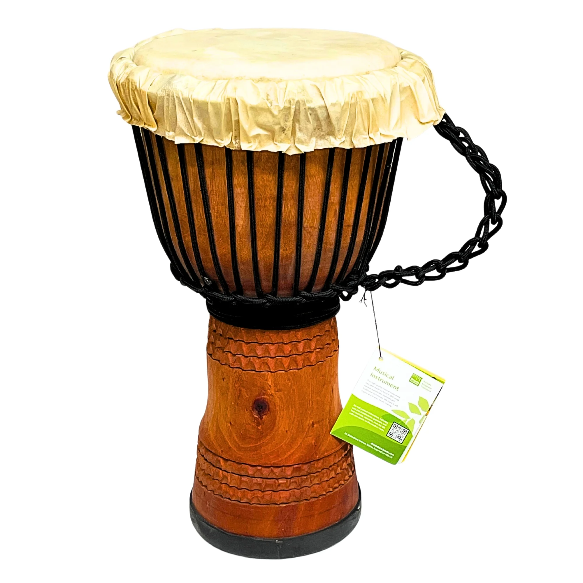 10.5 inch Deep Carved wooden djembe - 50cm high with goatskin head, hand-carved mahogany shell, and nylon stringing for superior sound quality and durability.