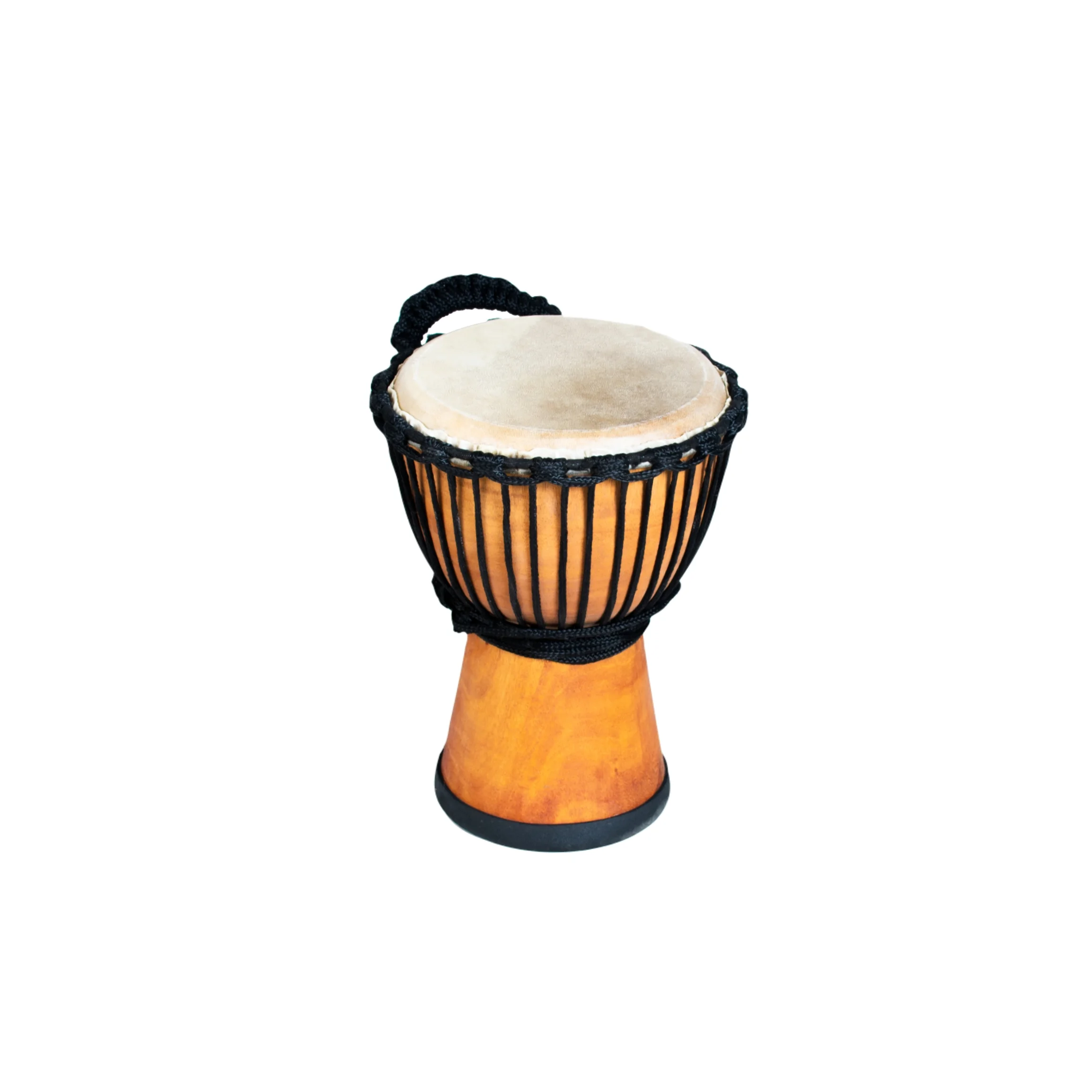 9 inch Pro Wide Top wooden djembe drum - 30cm high with goatskin head, nylon stringing, natural mahogany shell, and rubber base.