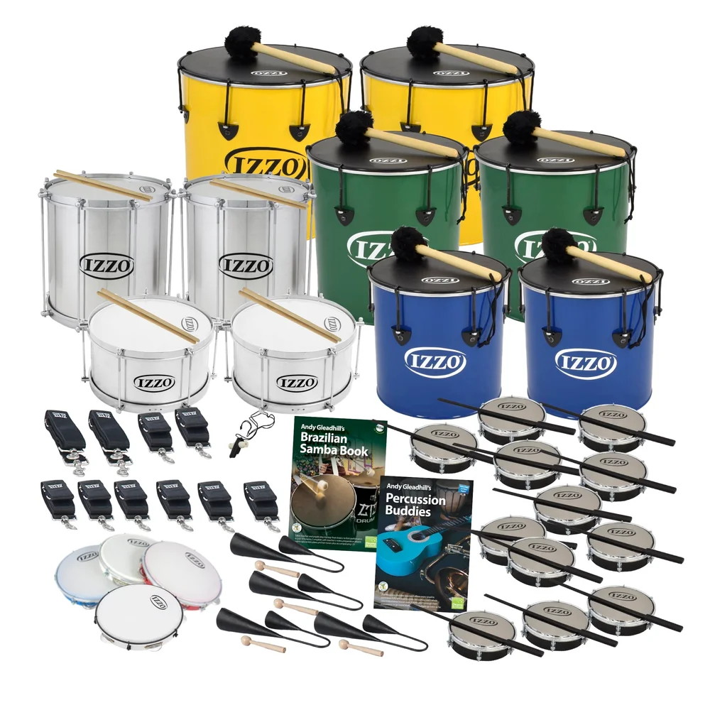 30 Player Class Pack Budget Buddies samba set with Izzo surdos, aluminium drums and hand percussion, plus guides