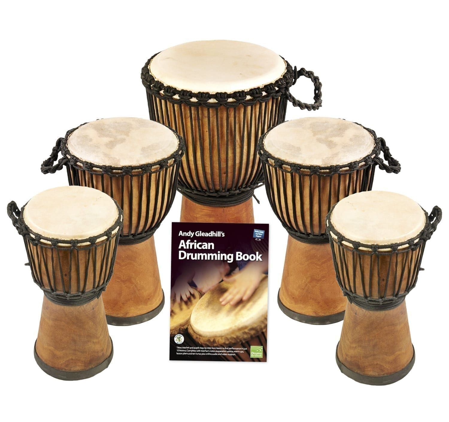 African Drumming Primary 5 Pro Wide Top Djembe Drum Pack with 5 mixed-size wide top djembes and Andy Gleadhill’s African Drumming Book