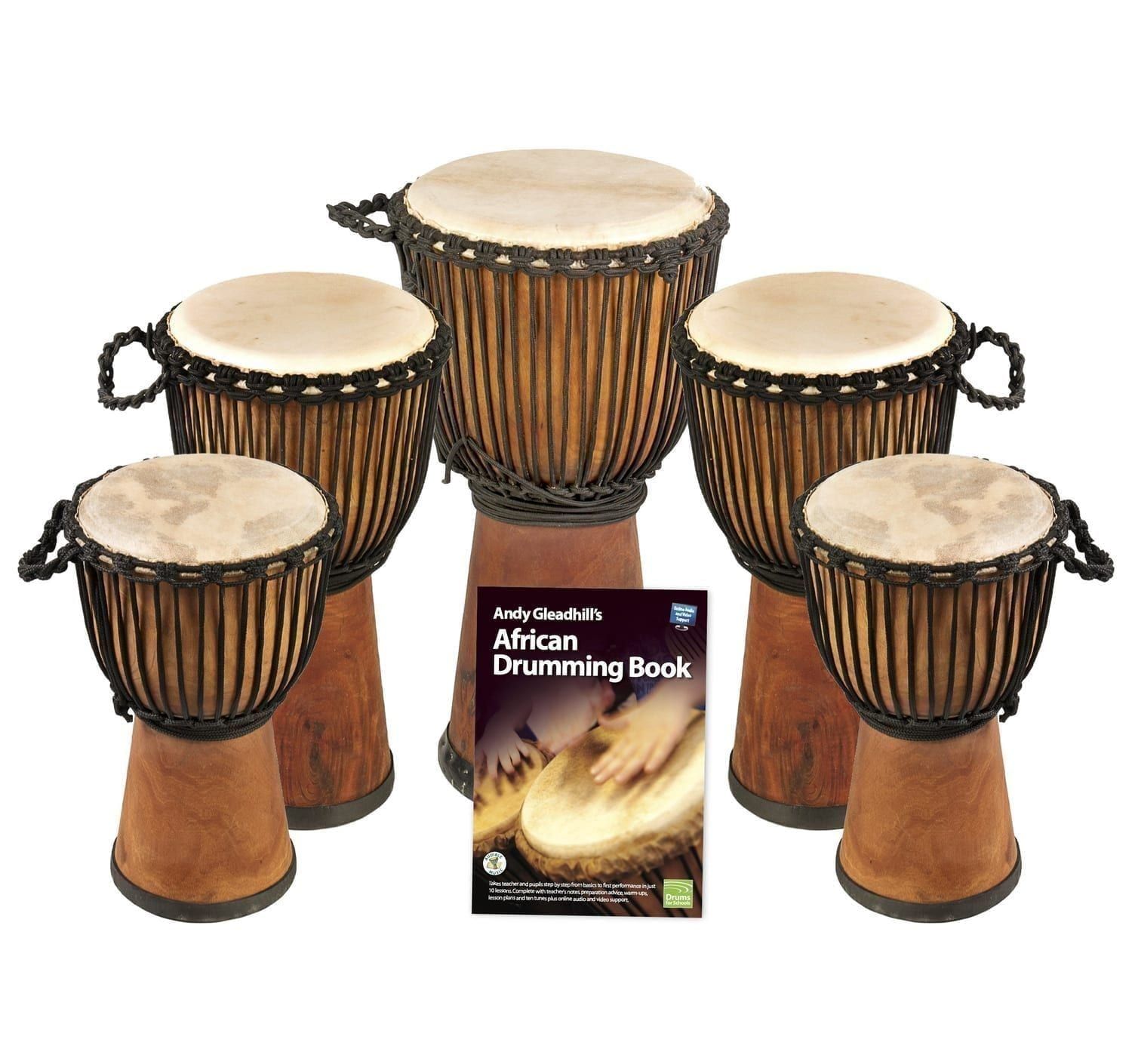 African Drumming Secondary 5 Wide Top Djembe Drum Pack with 5 mixed-size wide top djembes and Andy Gleadhill’s African Drumming Book
