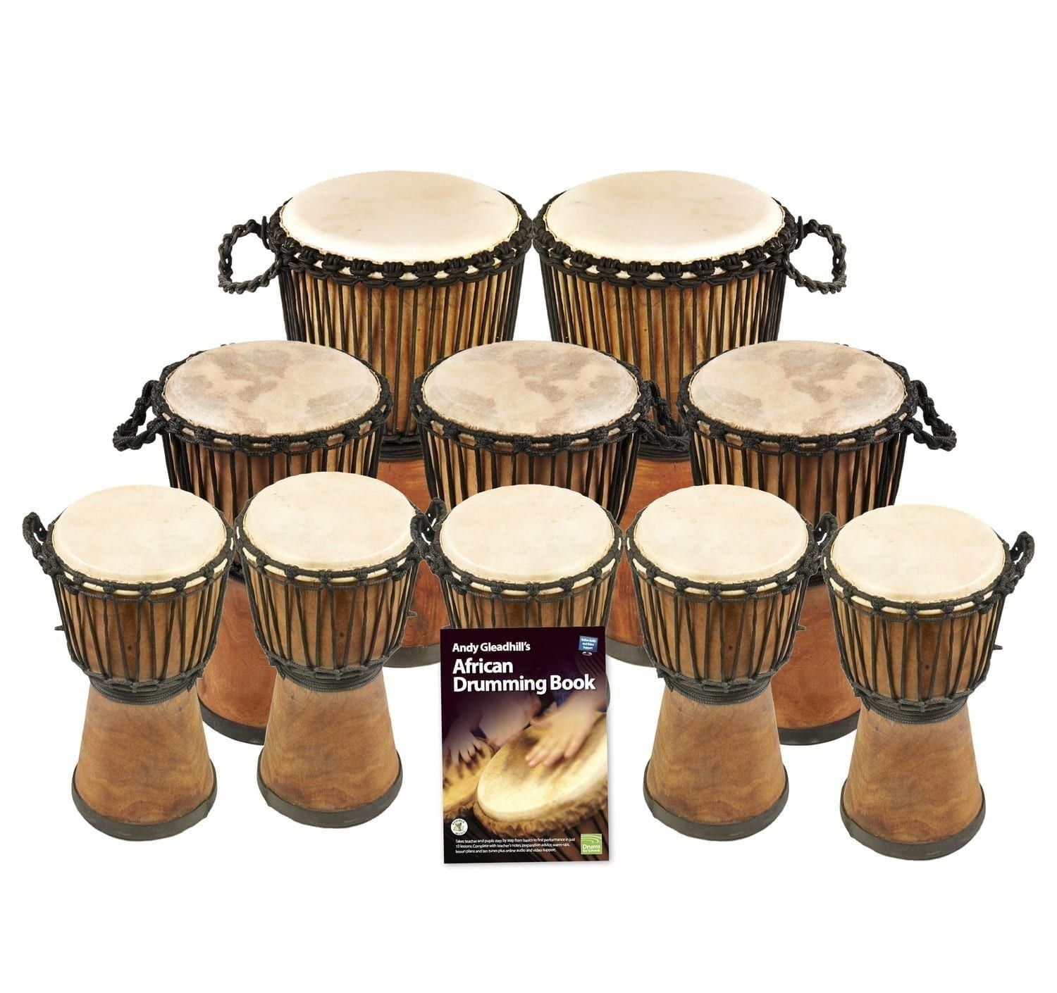 10 Player Pro Wide Top Primary Djembe Pack with 10 wide top djembes in mixed sizes and Andy Gleadhill’s African Drumming Book