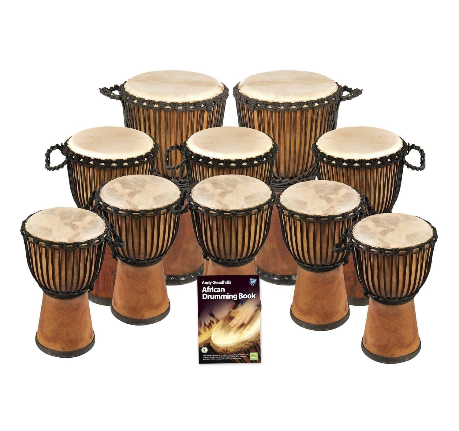 West African Drumming - Secondary - 10 Wide Top Djembe Drum Set with an African Drumming Book.