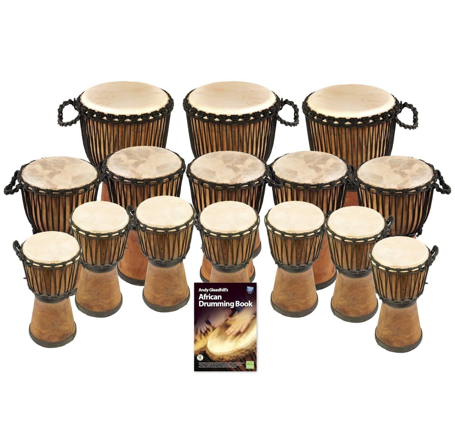 15 Player Primary Pro Wide Top Djembe Pack with 15 mixed-size wide top djembes and Andy Gleadhill’s African Drumming Book