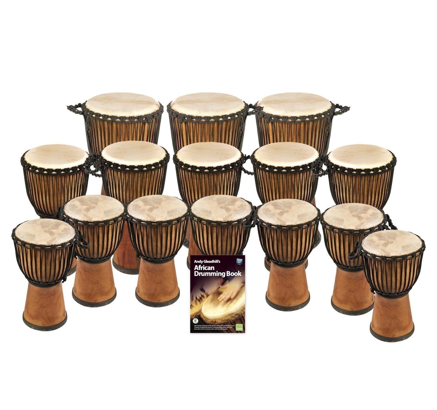 15 Player Secondary Pro Wide Top Djembe Pack with 15 mixed-size wide top djembes and Andy Gleadhill’s African Drumming Book