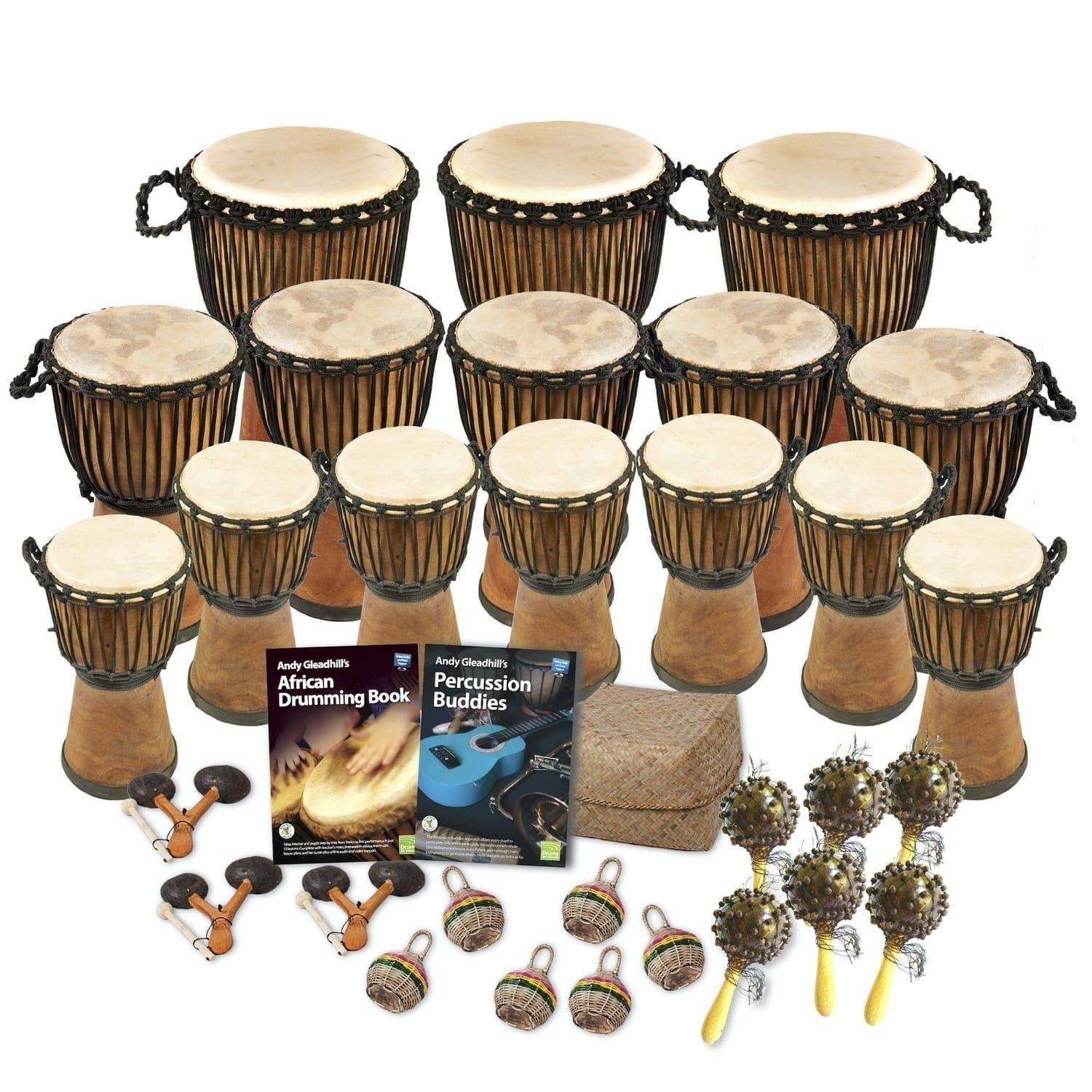 African Drumming Primary 30 Player Wide Top Buddies Pack with wide top djembes, percussion buddies instruments, and Andy Gleadhill teaching books