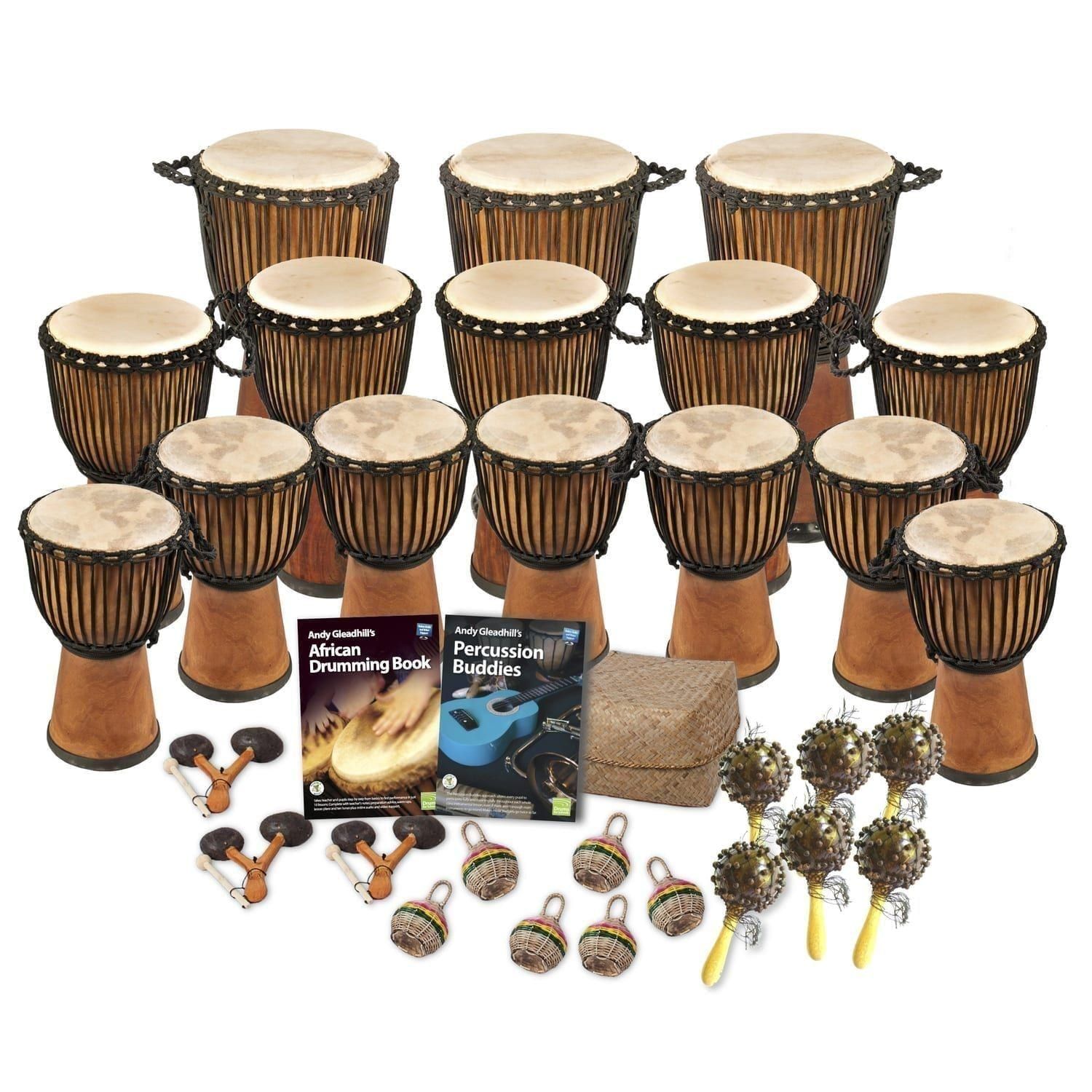 African Drumming Secondary 30 Player Pro Wide Top Buddies with wide top djembes, buddy percussion instruments, and Andy Gleadhill teaching books
