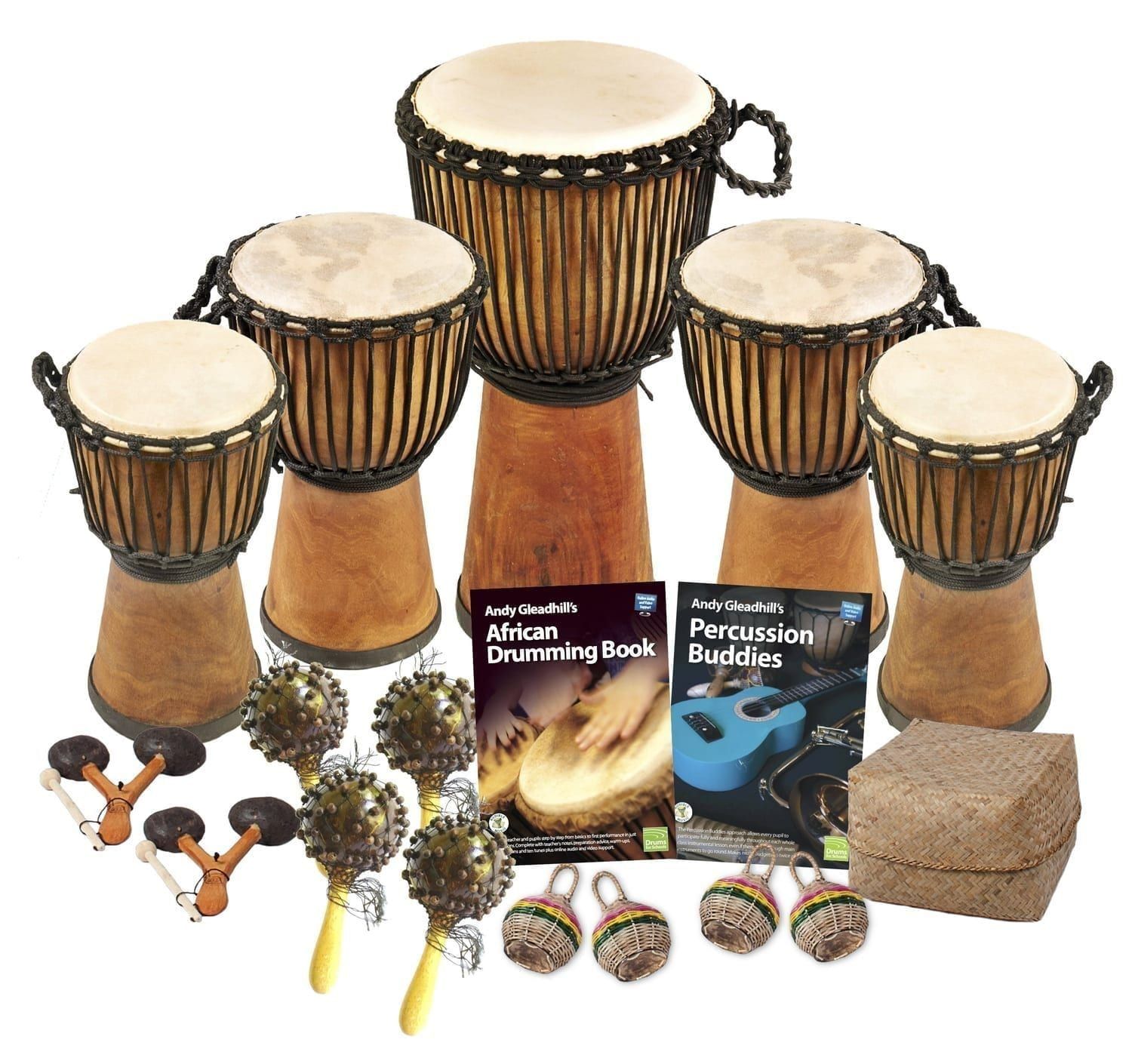Primary 15 Player Wide Top Djembe Drum Budget Buddies Pack with 5 wide top djembes, buddy percussion instruments, and Andy Gleadhill teaching books