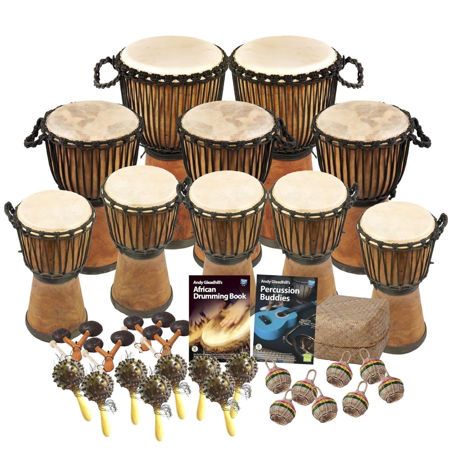 African Drumming Primary 30 Player Wide Top Budget Buddies Pack with wide top djembes, percussion buddies instruments, and Andy Gleadhill teaching books
