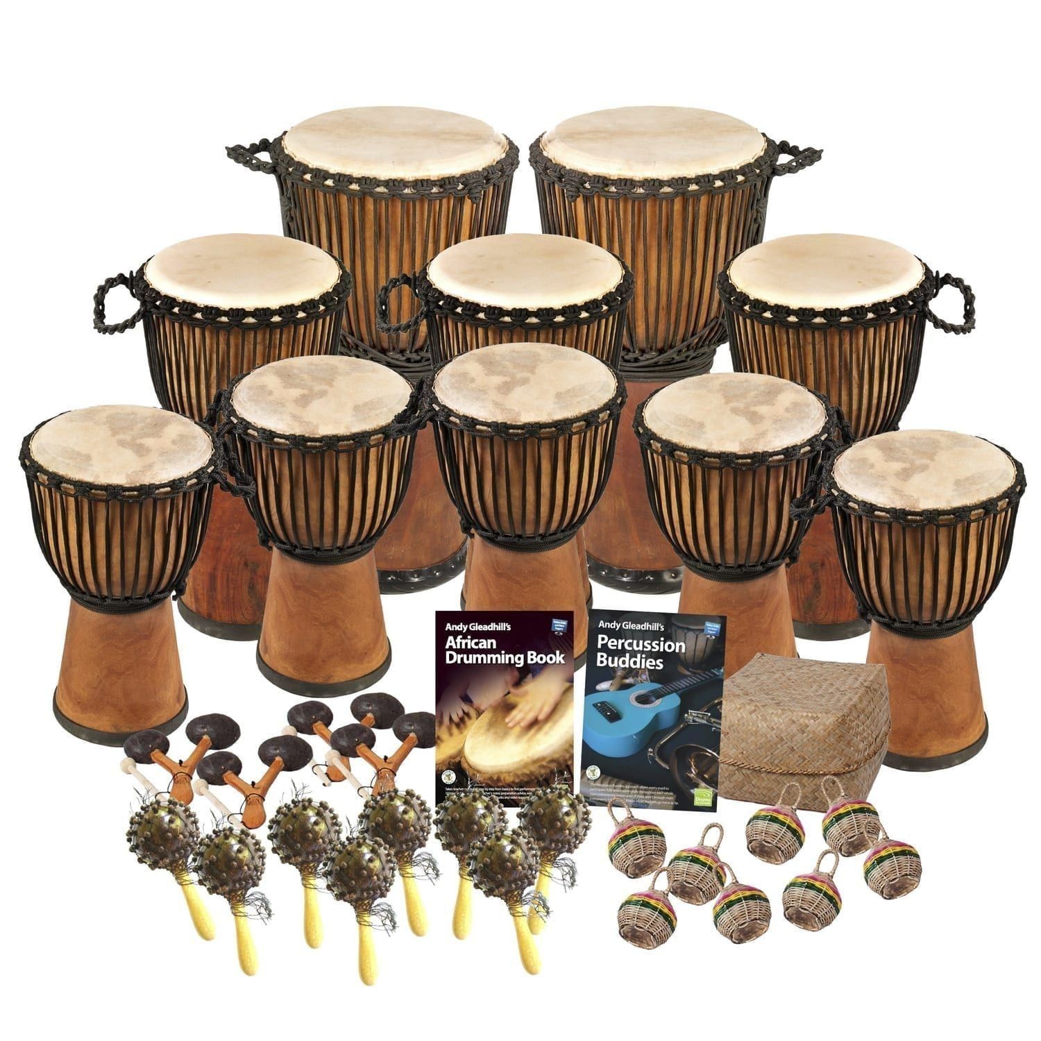 African Drumming Secondary 30 Player Pro Wide Top Djembe Budget Buddies Pack with wide top djembes, buddy percussion instruments, and Andy Gleadhill teaching books
