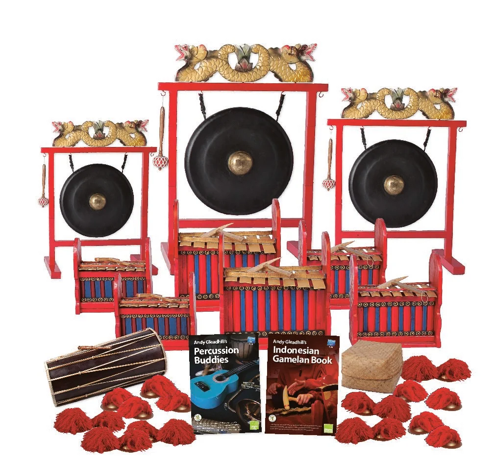 Indonesian Gamelan 20 Player Budget Buddies Pack with gongs, metallophones, Balinese drum, ceng ceng cymbals and Andy Gleadhill teaching books