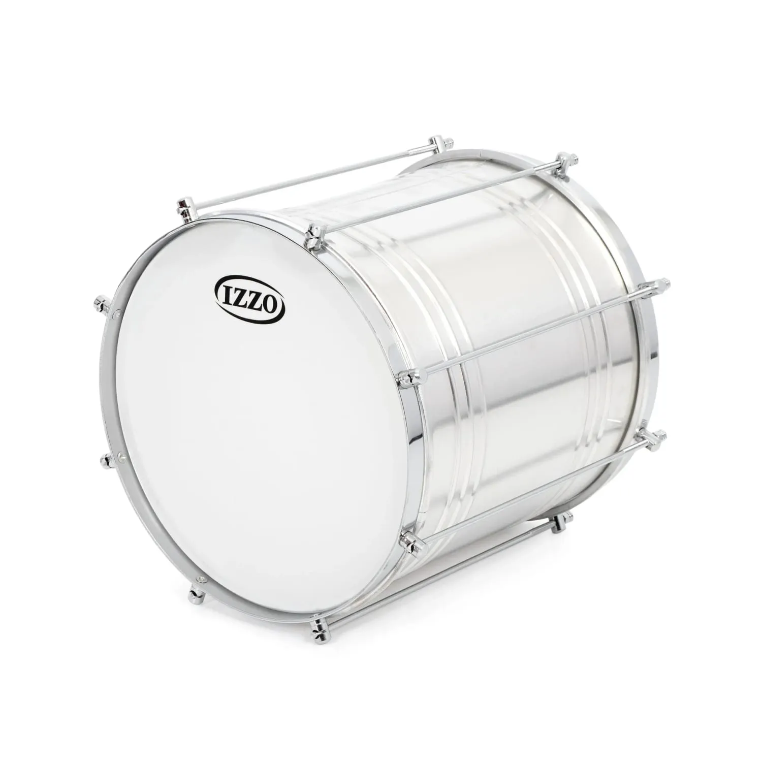 This is another side view of a 12-inch Repinique drum by Izzo with a polished metal body and white drumhead, showcasing a sleek design with tension rods for tuning.