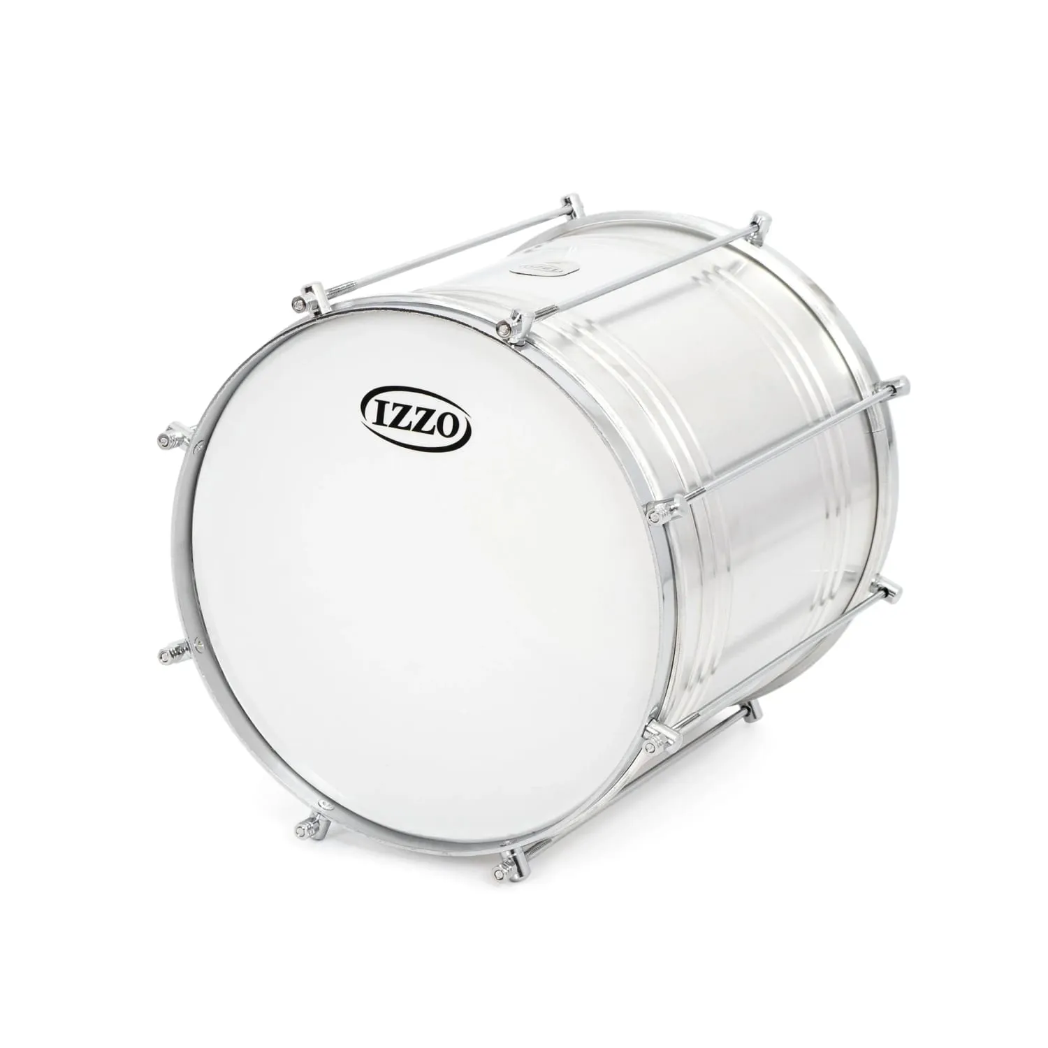 Side view of 12-inch Repinique drum by Izzo with a polished metal body and white drumhead, showcasing a sleek design with tension rods for tuning.