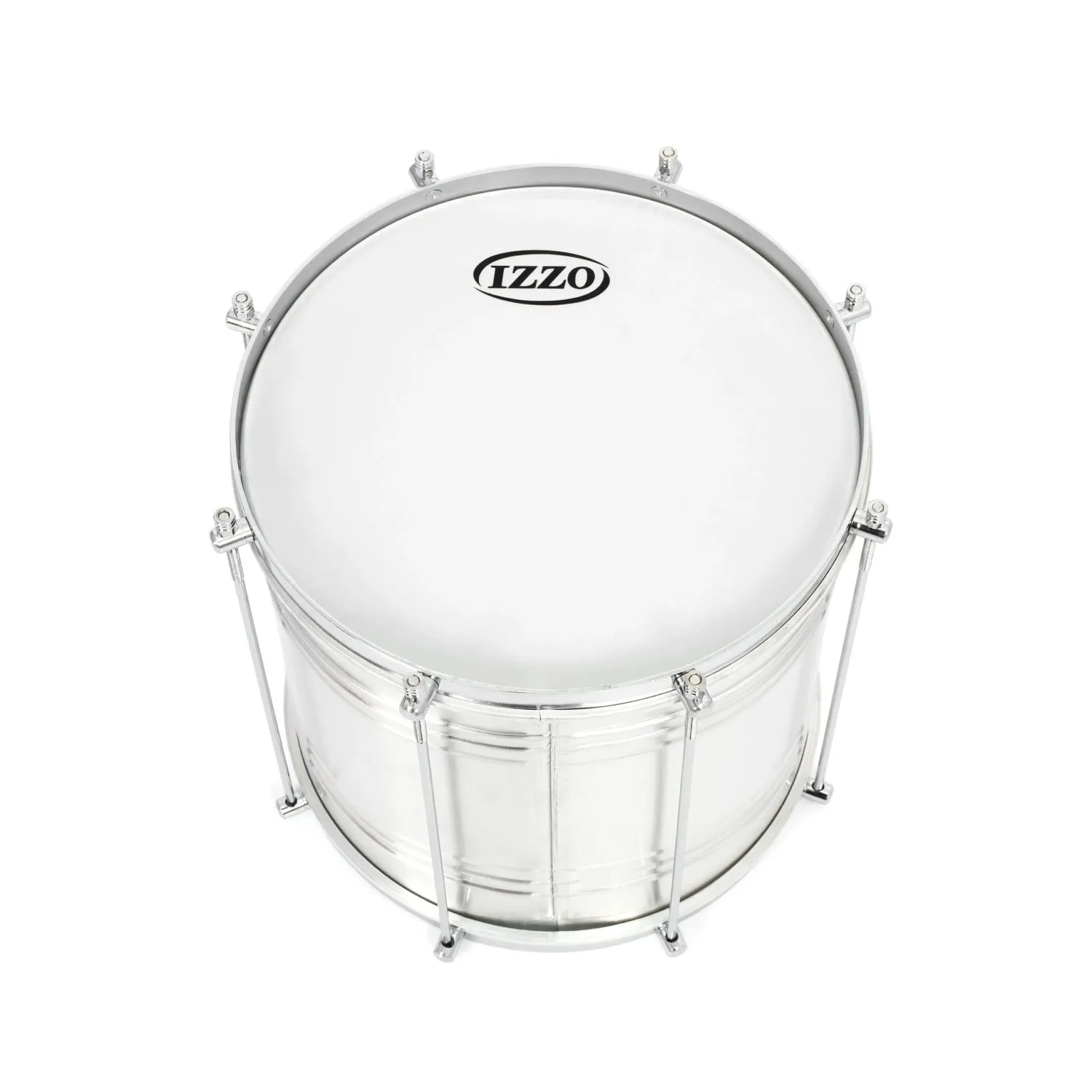 12-inch Repinique drum by Izzo with a polished metal body and white drumhead, showcasing a sleek design with tension rods for tuning.