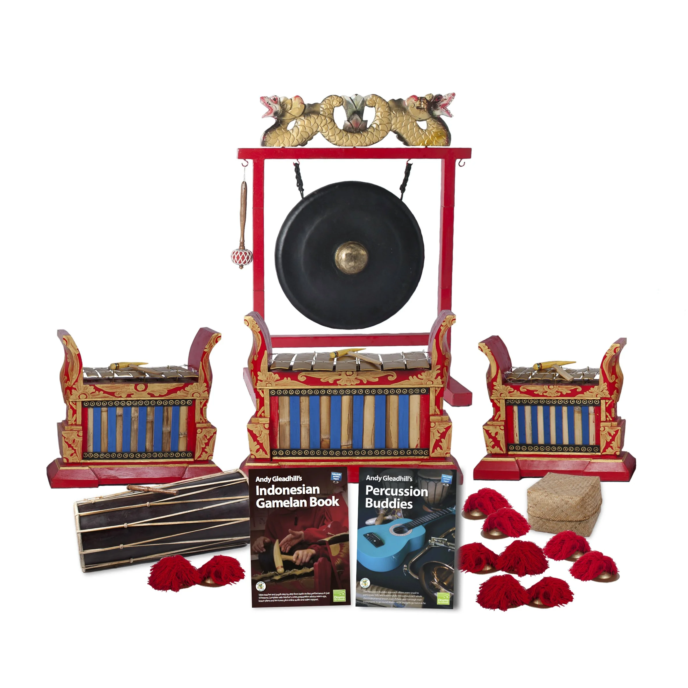 Indonesian Gamelan Premium 10 Player Class Pack Buddies with gong, metallophones, Balinese drum, ceng ceng and teaching books