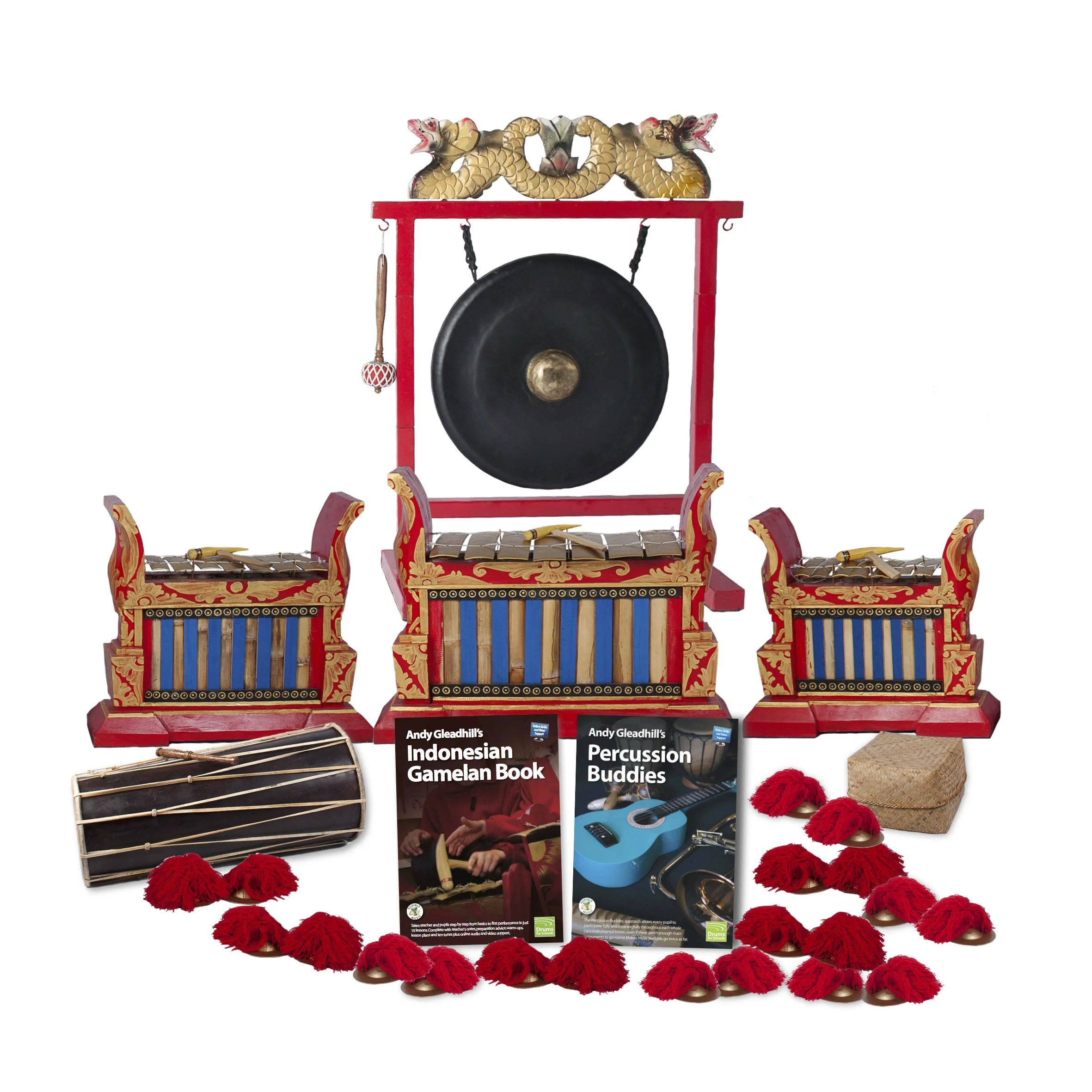 Indonesian Gamelan Premium 15 Player Class Pack Budget Buddies with gong, metallophones, Balinese drum, ceng ceng and teaching books