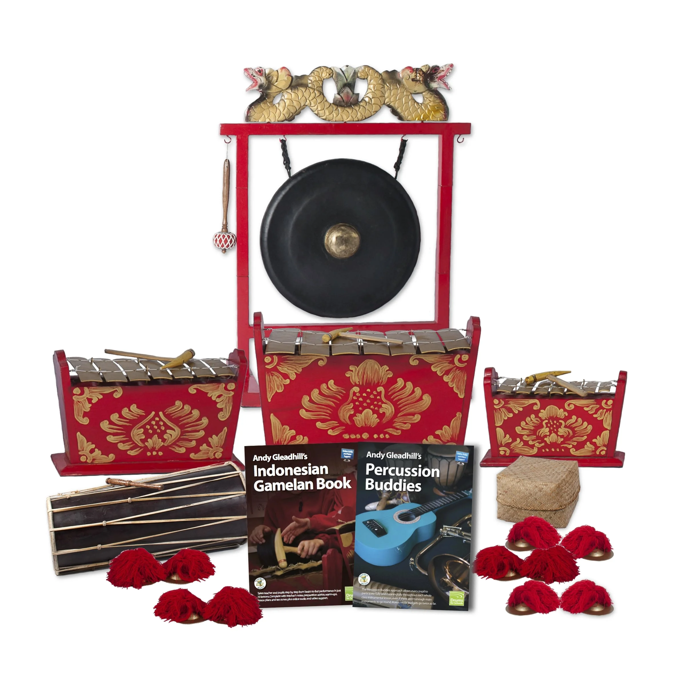 Indonesian Gamelan Standard 10 Player Class Pack Buddies with gong, metallophones, Balinese drum, ceng ceng cymbals, and teaching guides.