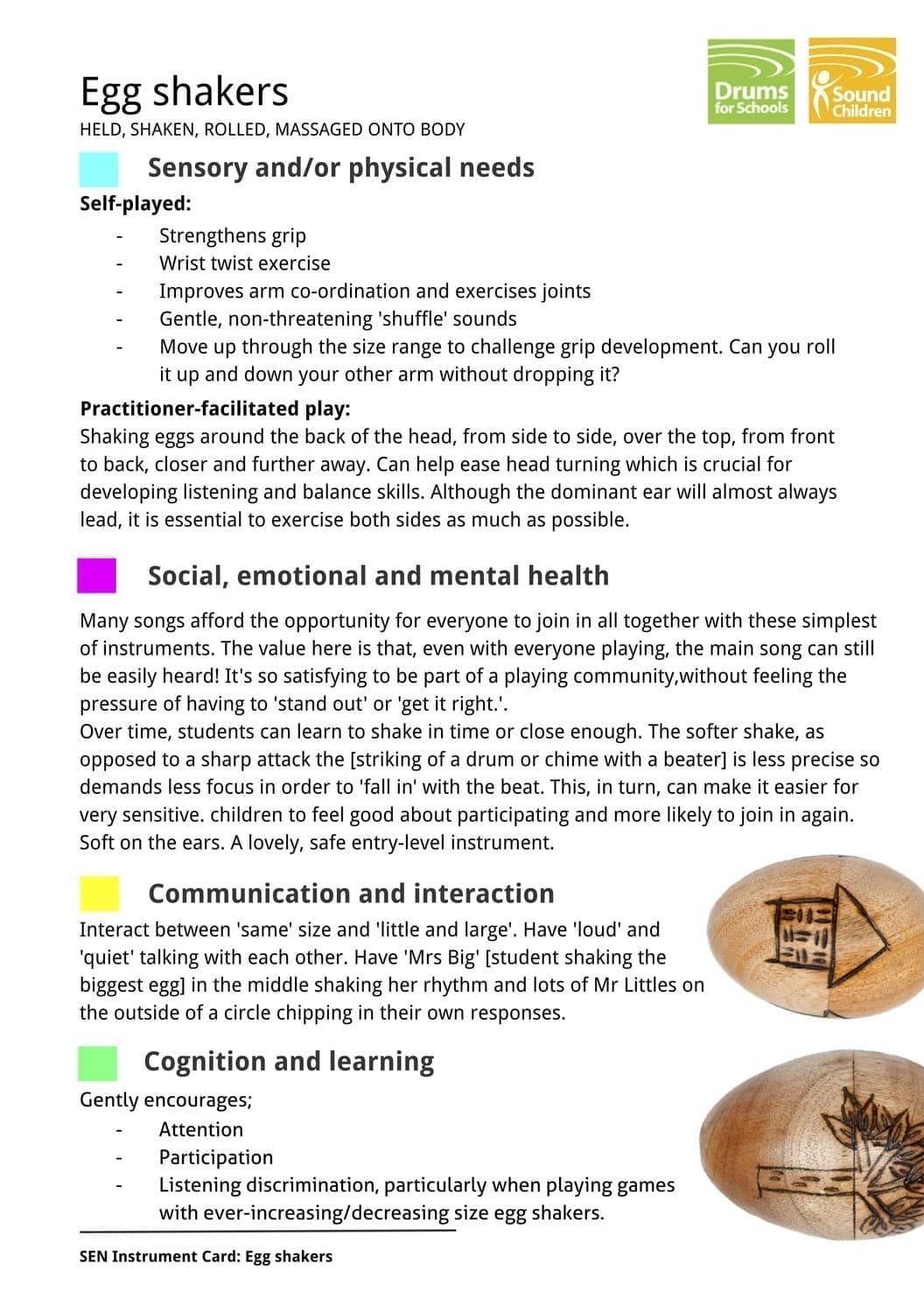SEN Instrument Cards - Educational resource card showcasing the benefits of egg shakers for sensory needs, social and emotional development, communication, and cognitive learning, featuring detailed usage guidelines and illustrations of wooden egg shakers.
