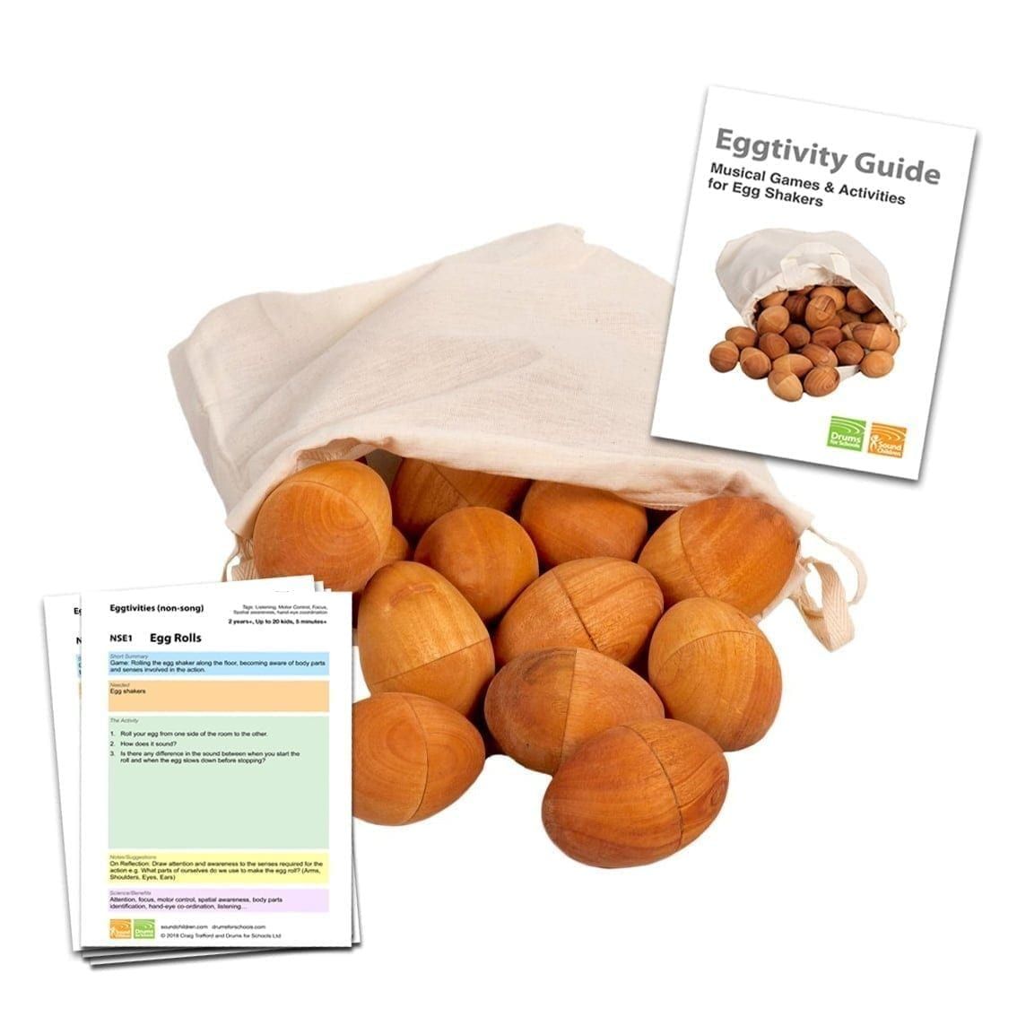 30 natural wooden egg shakers in a cotton bag with teaching guide + Eggtivity Cards