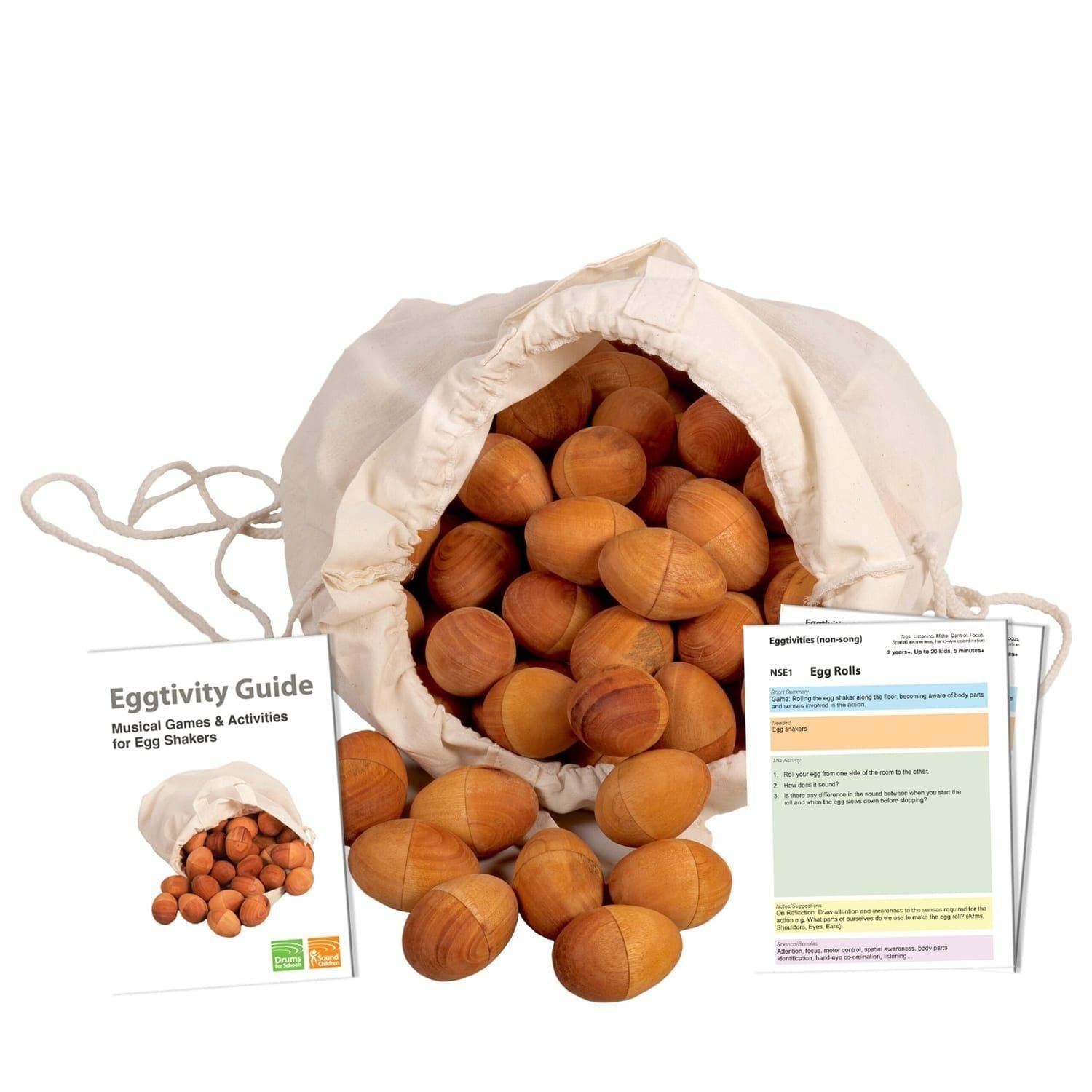 Wooden natural egg shaker bag of 100 with Eggtivity Guide & cards., handcrafted and sustainable
