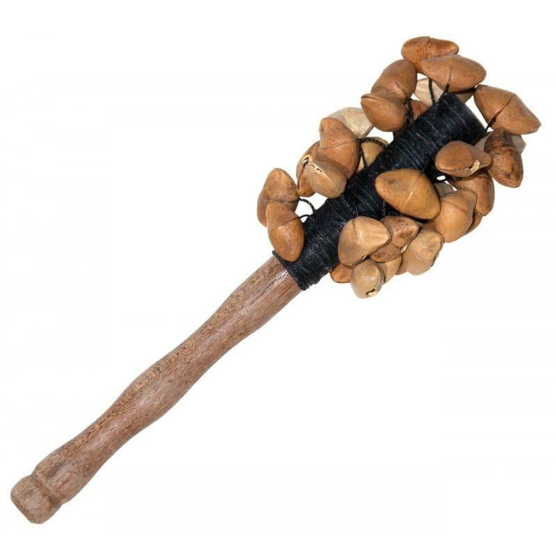 Kenari Shaker with wooden handle and black-bound kenari seed husks in a compact rattle head