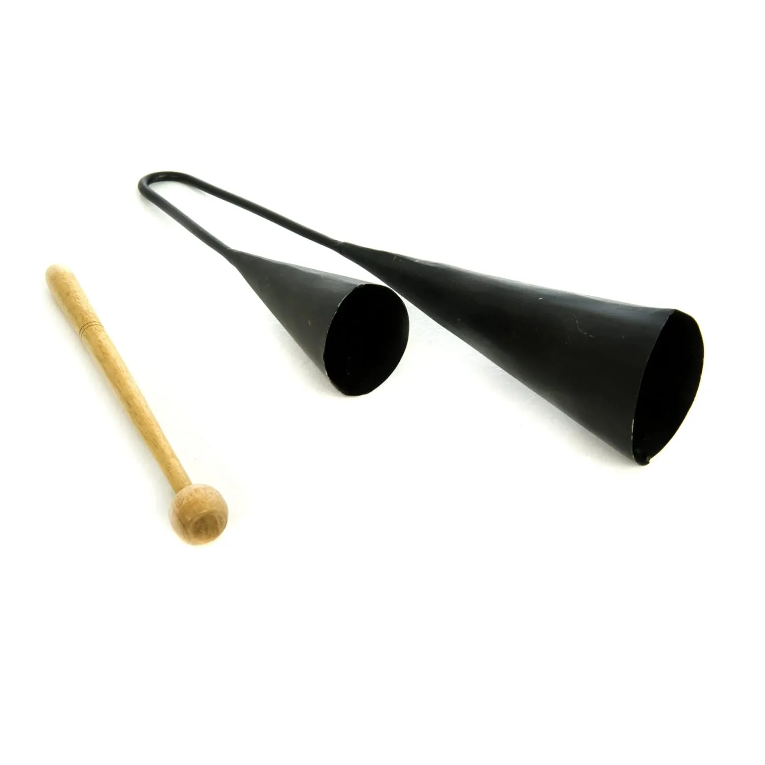 Metal Double Small Agogo Bells with wooden beater, two conical black bells on loop handle