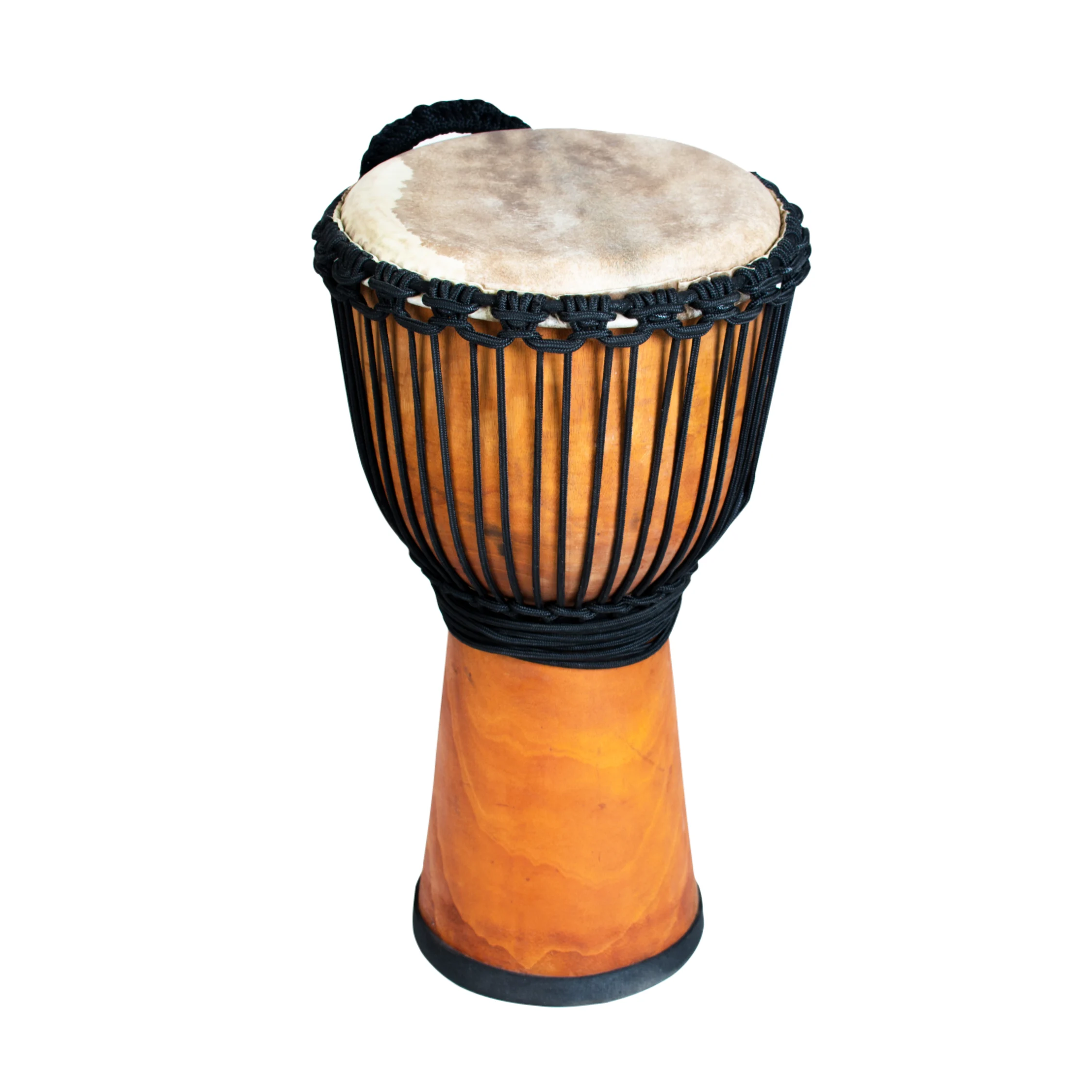 13 inch Pro Wide Top wooden djembe - 60cm high with goatskin head, rope tuning, carry handle, and rubber base in a natural wood finish.