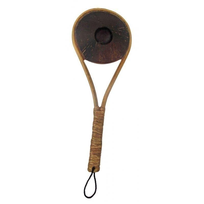 JuJu Maraca with dark shell head and central aperture, split cane handle wrapped with cord