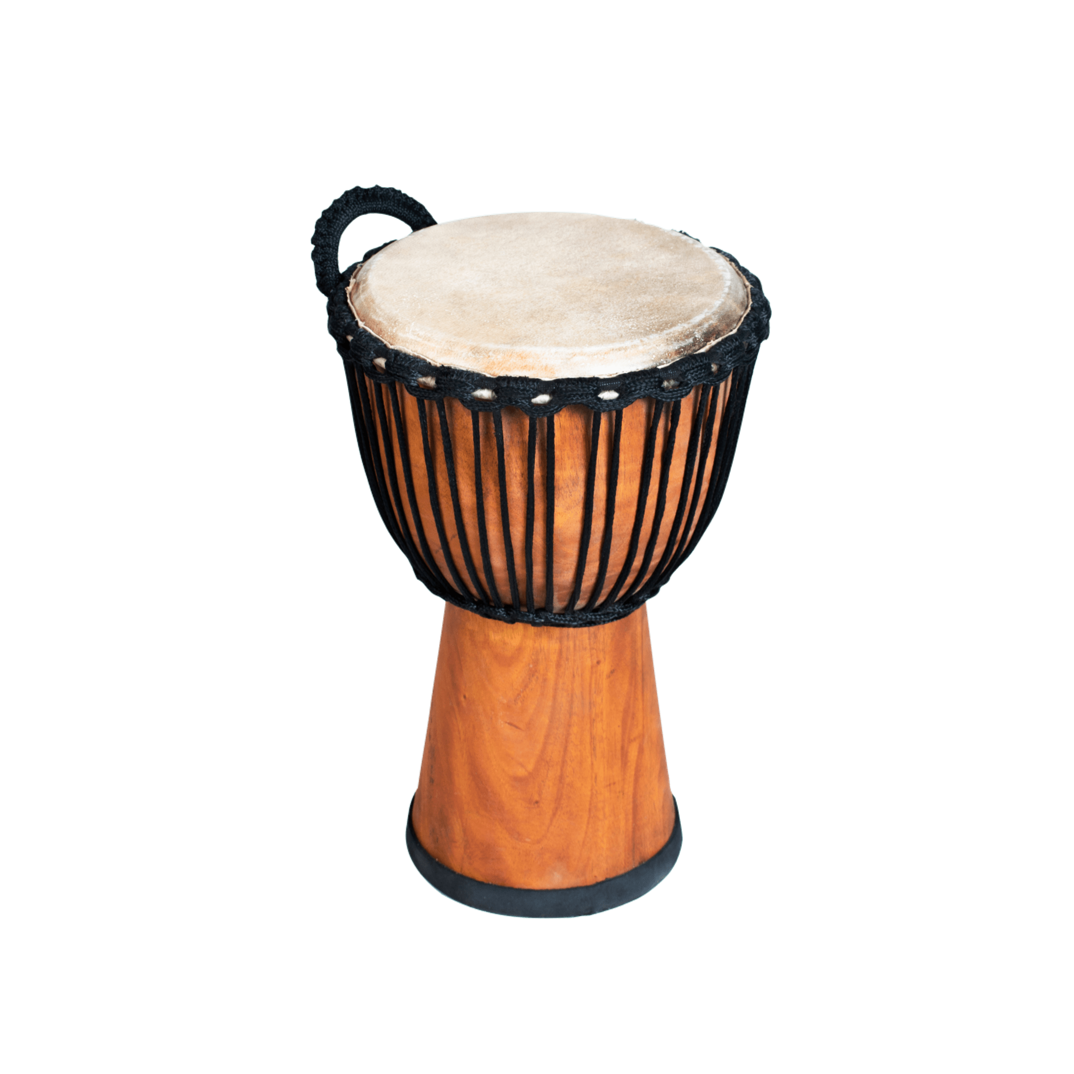 9 inch Pro Wide Top wooden djembe drum - 35cm high with goatskin head, rope tuning, carry handle, and smooth natural wood finish.