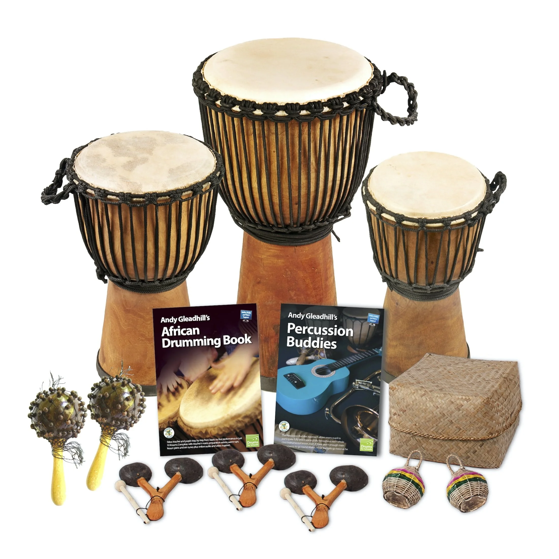 African Drumming Primary 10 Player Pro Wide Top Starter Pack with drums, percussion, and guides for music education.