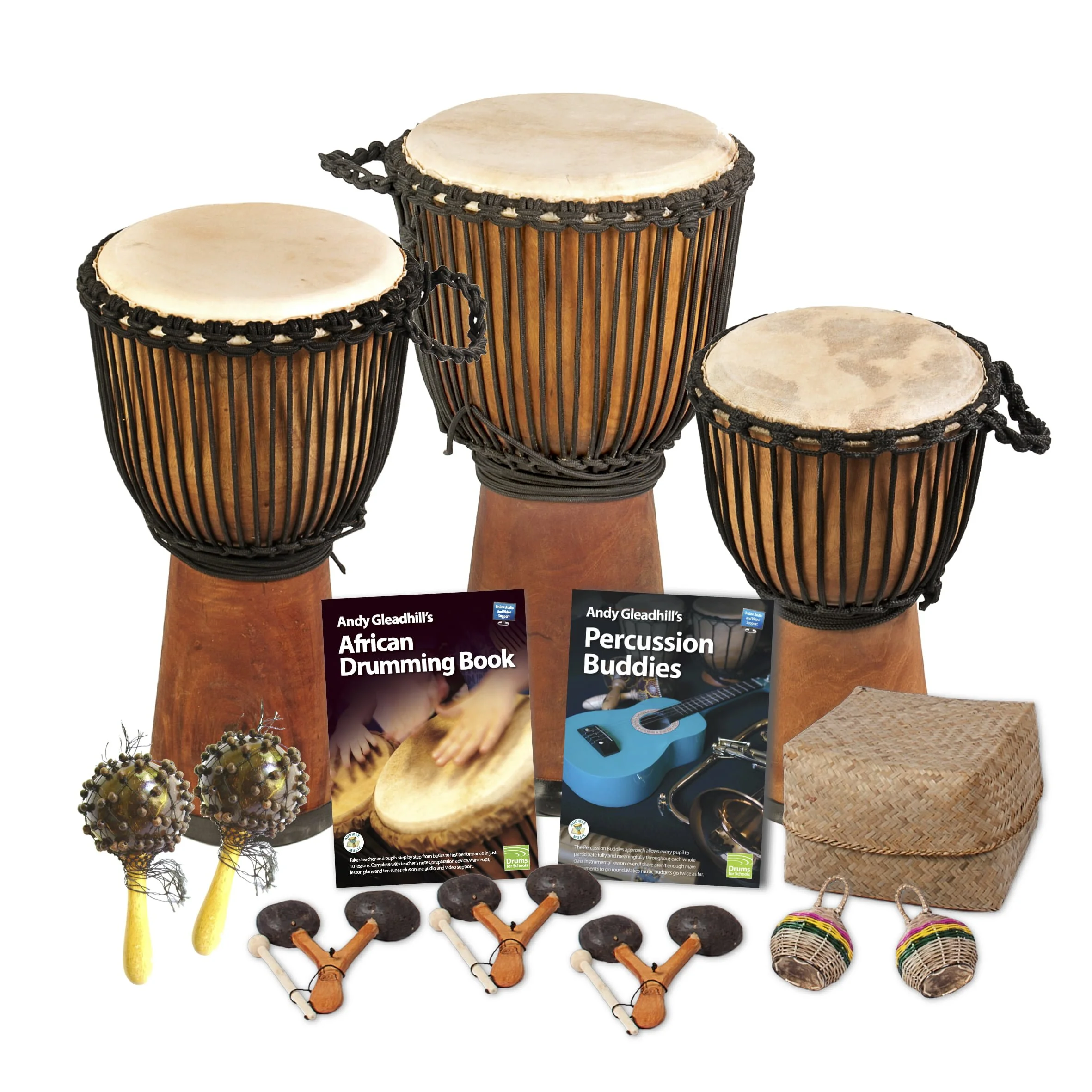 10 Player Wide Top Starter Djembe Pack Secondary with Djembes, Percussion Instruments, and Teaching Guides