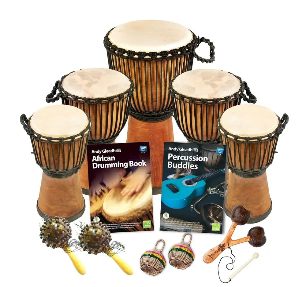 Primary 10 Player Pro Wide Top Buddies Class Pack with Djembes, Percussion Instruments, and Teaching Guides