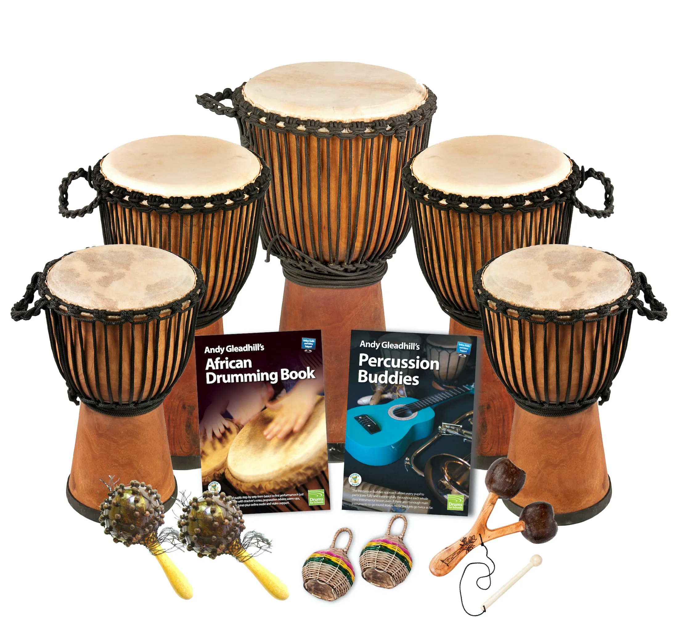 Secondary 10 Player Pro Wide Top Buddies Class Pack with Djembes, Percussion Instruments, and Teaching Guides