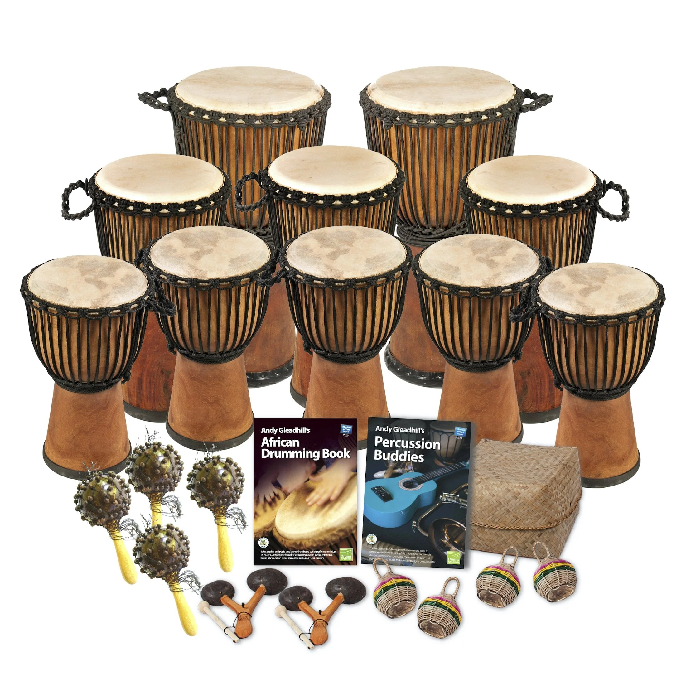 African Drumming 20 Player Pro Wide Top Buddies Class Set with Drums, Percussion Instruments, and Teaching Guides