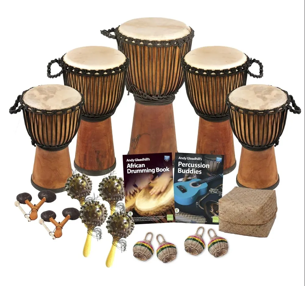 African Drumming Secondary 15 Player Pro Wide Top Djembe Budget Buddies Pack with wide top djembes, buddy percussion instruments, and Andy Gleadhill teaching books