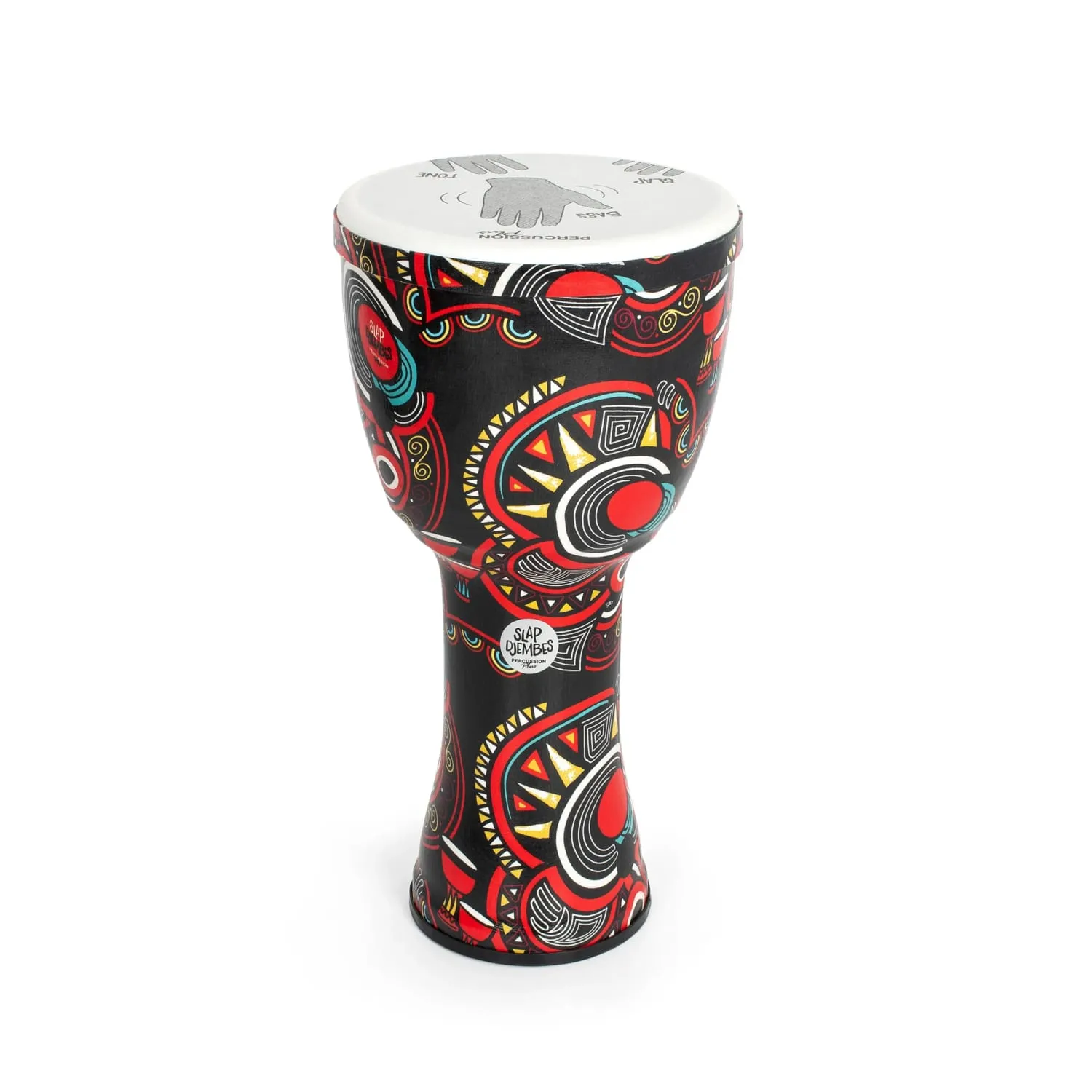 12 inch Pre tuned Percussion Plus Slap djembe, 60 cm high, with bold red and black patterned shell and printed head guide