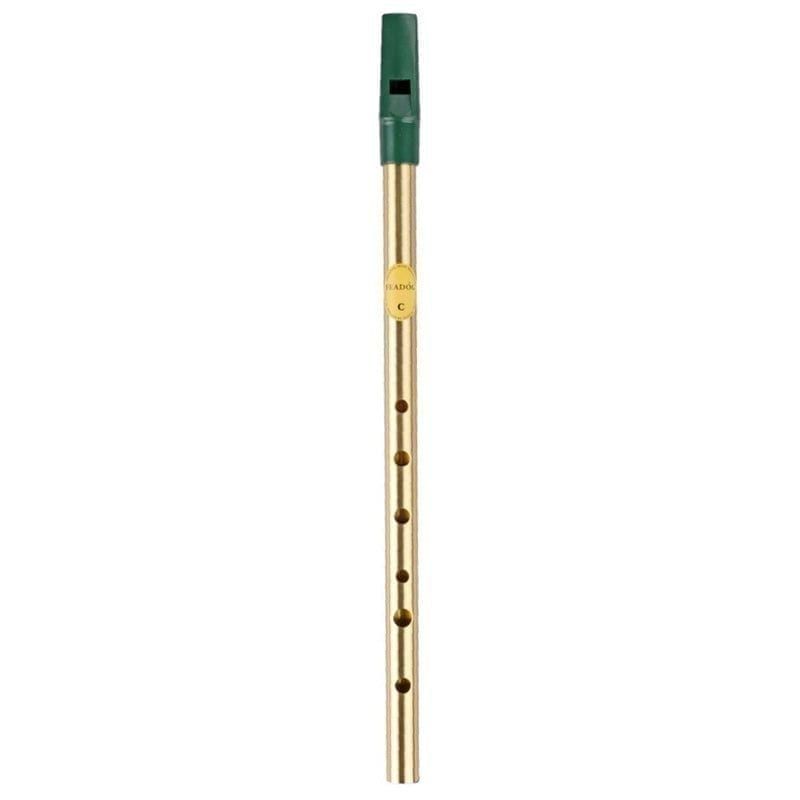 Feadóg brass C whistle with green mouthpiece and six finger holes