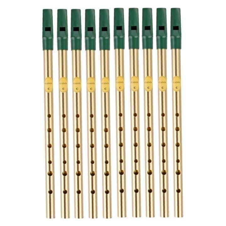 Feadóg Irish whistle in C, brass tubes with green mouthpieces; 10-pack lined in a row