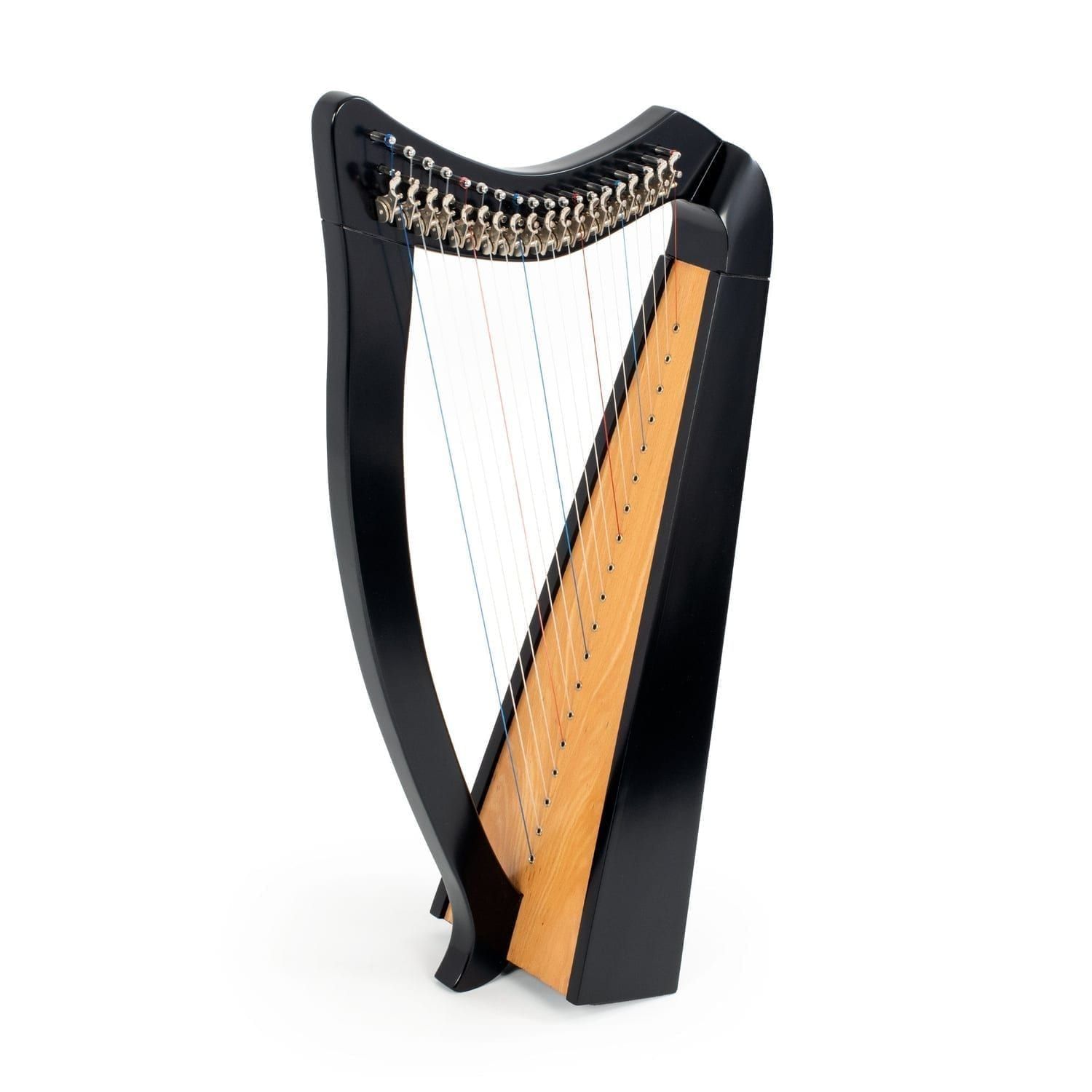 MMX 19 strings celtic harp in black with beech soundboard, curved black frame and 19 colour-guided strings