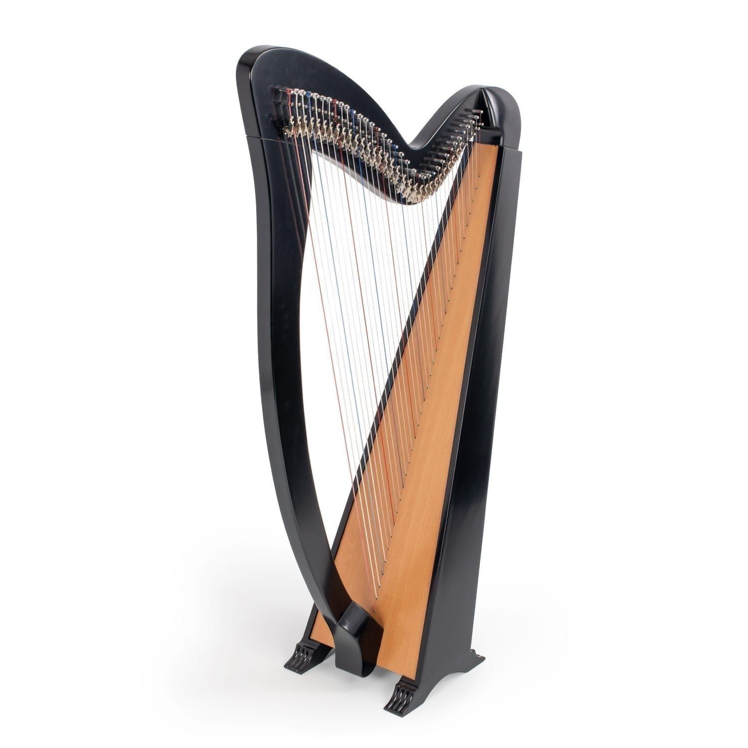 MMX 36 strings celtic harp in black with beechwood soundboard and curved pillar, freestanding on wide feet