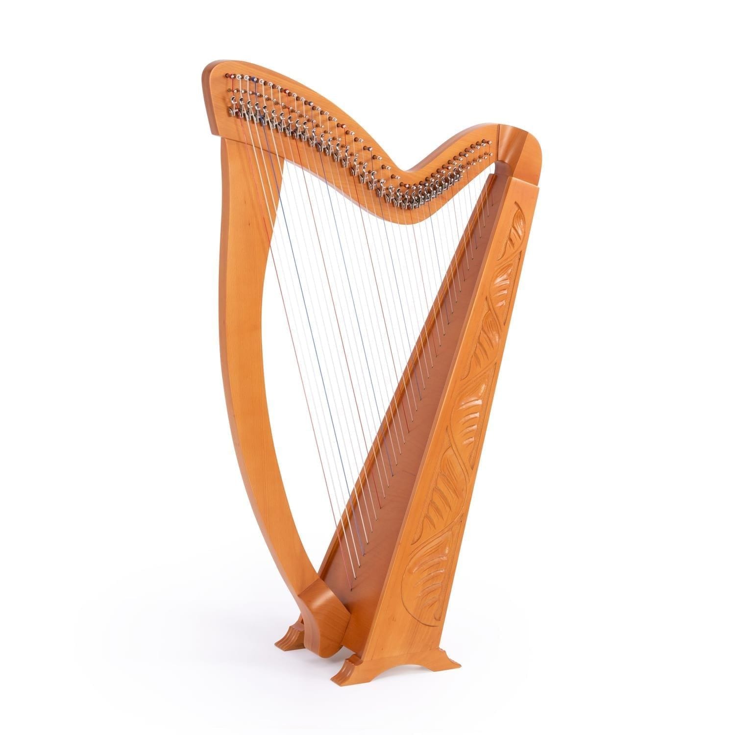 MMX Celtic Harp 36 string model in solid beechwood with levers, fine tuners & elegant carvings. Includes bag, wrench & spare strings.